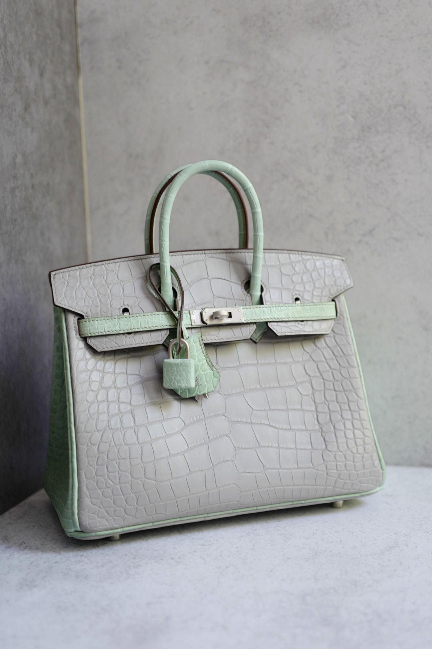 Hermès Birkin 25 HSS Gris Perle Vert D'eau Matte Crocodile Brushed PHW