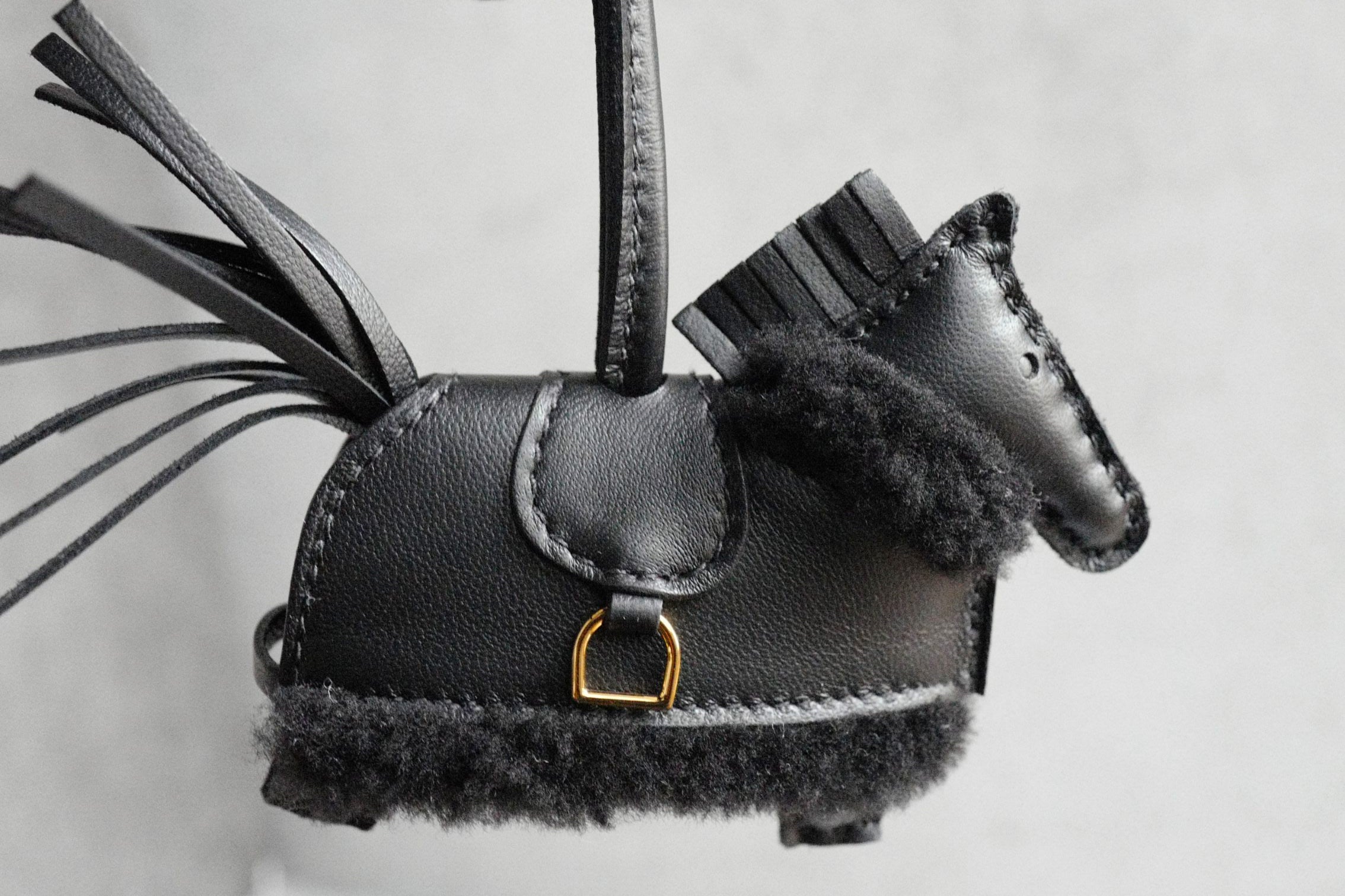 Hermès Horse Charm Rodeo Robeo Plush PM Noir Lambskin Wool Yellow Gold Plated