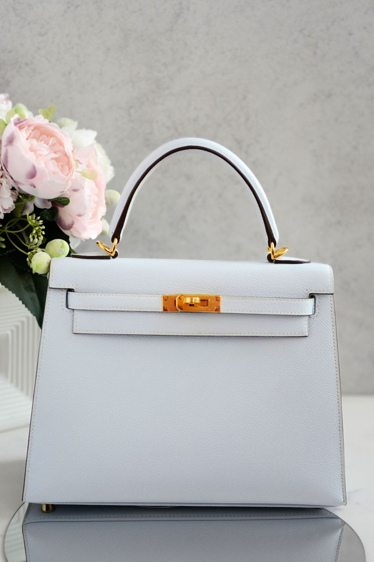 Hermes Kelly 25 Bleu Brume Epsom Sellier Gold Hardware