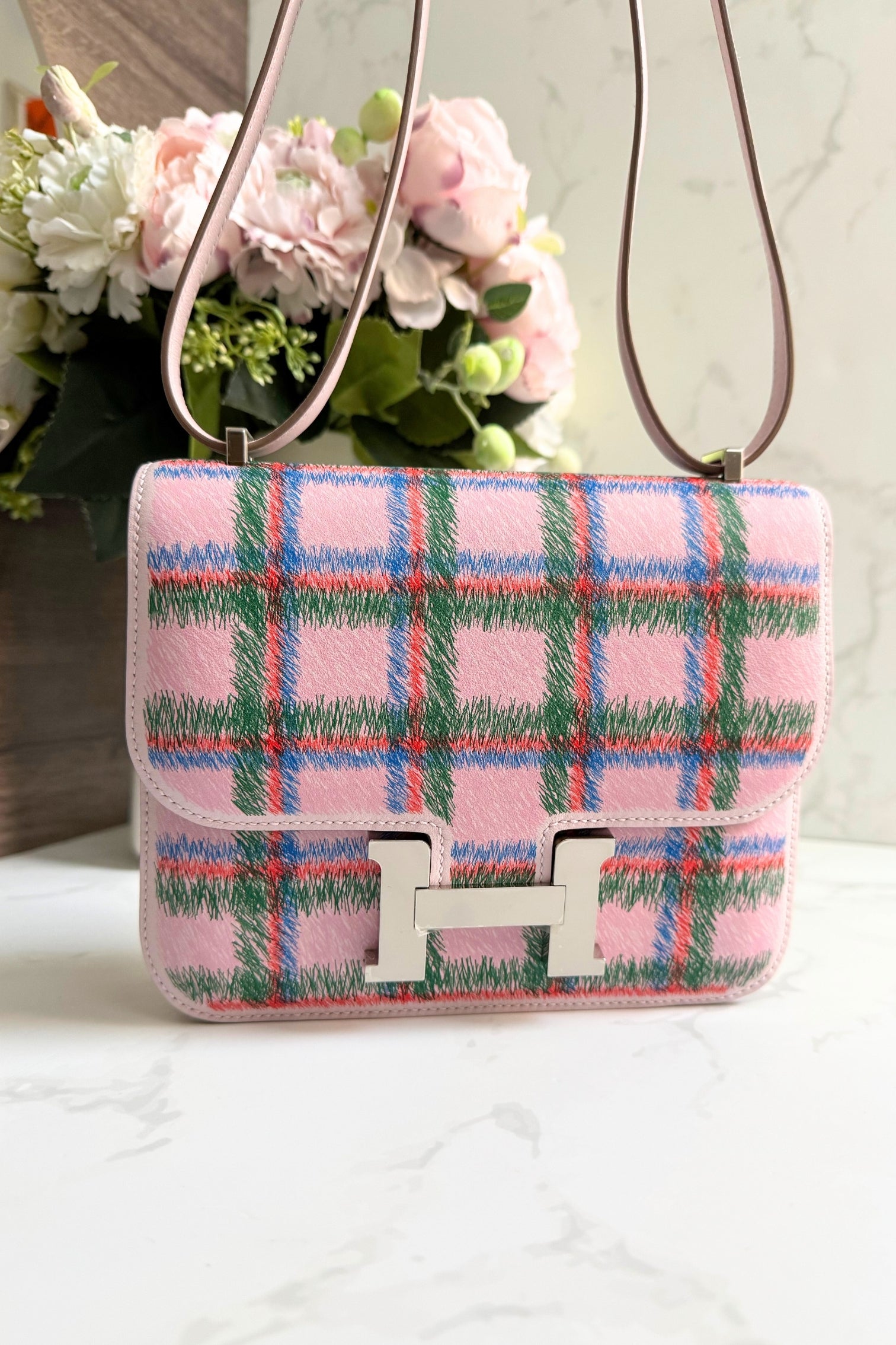 BNIB Hermès Constance 18 Mirror Tartan Pink Leather Shoulder Bag Palladium Hardware