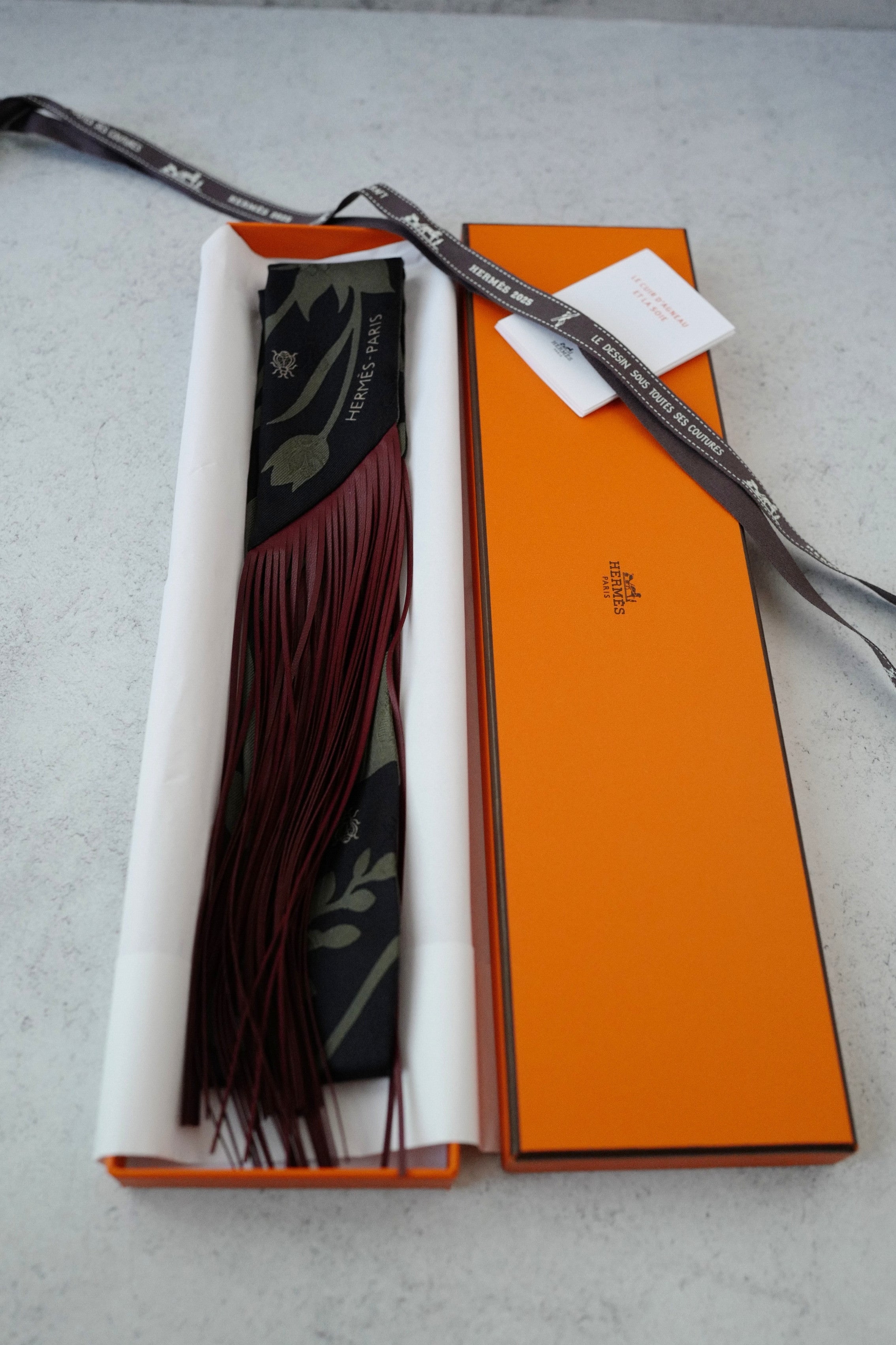 Hermès Twilly Bouquet Final Silk Noir Vert Loden with Leather Fringe