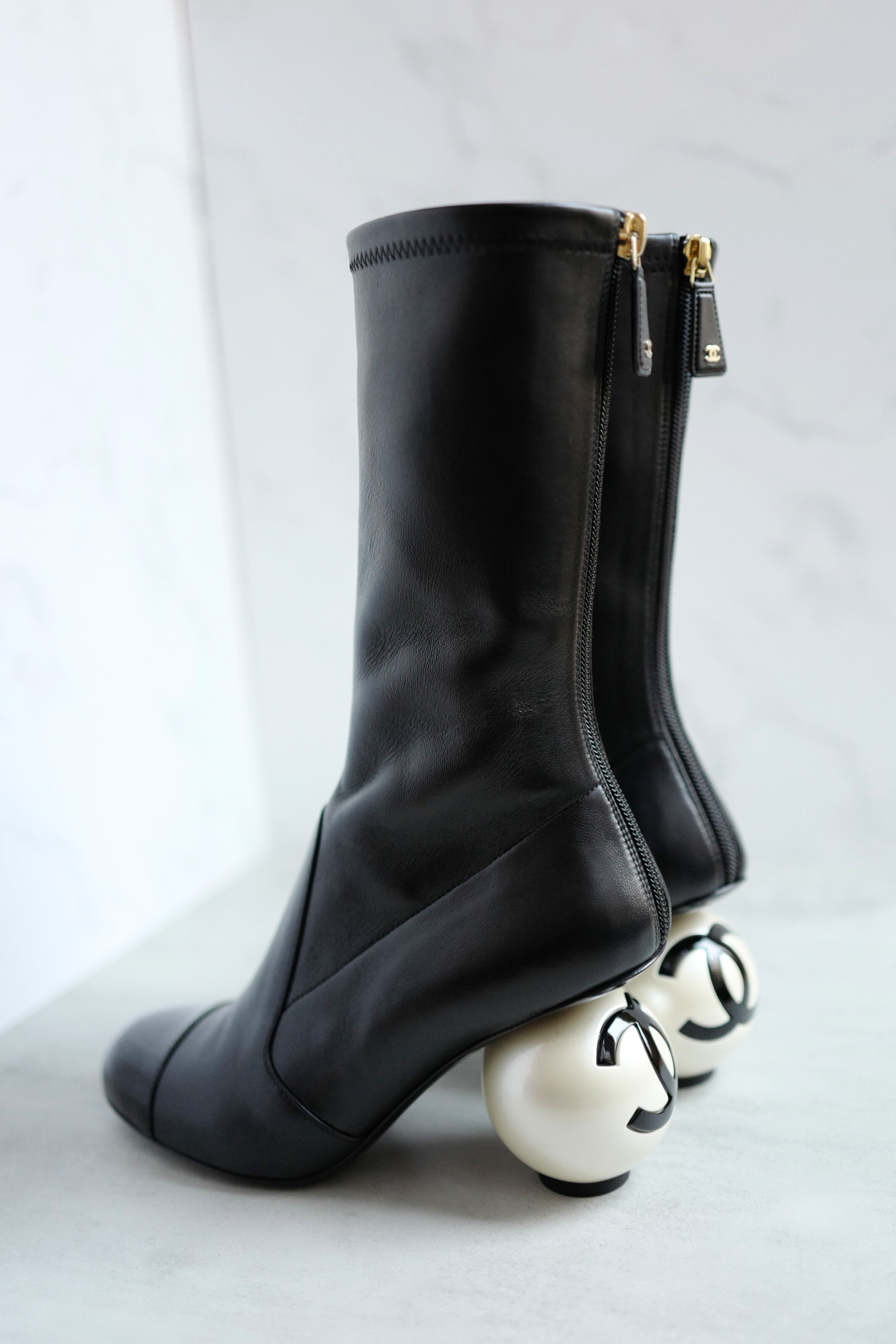 Chanel Boots Stretch Lambskin with Patent Calfskin Cap Toe Black 37.5