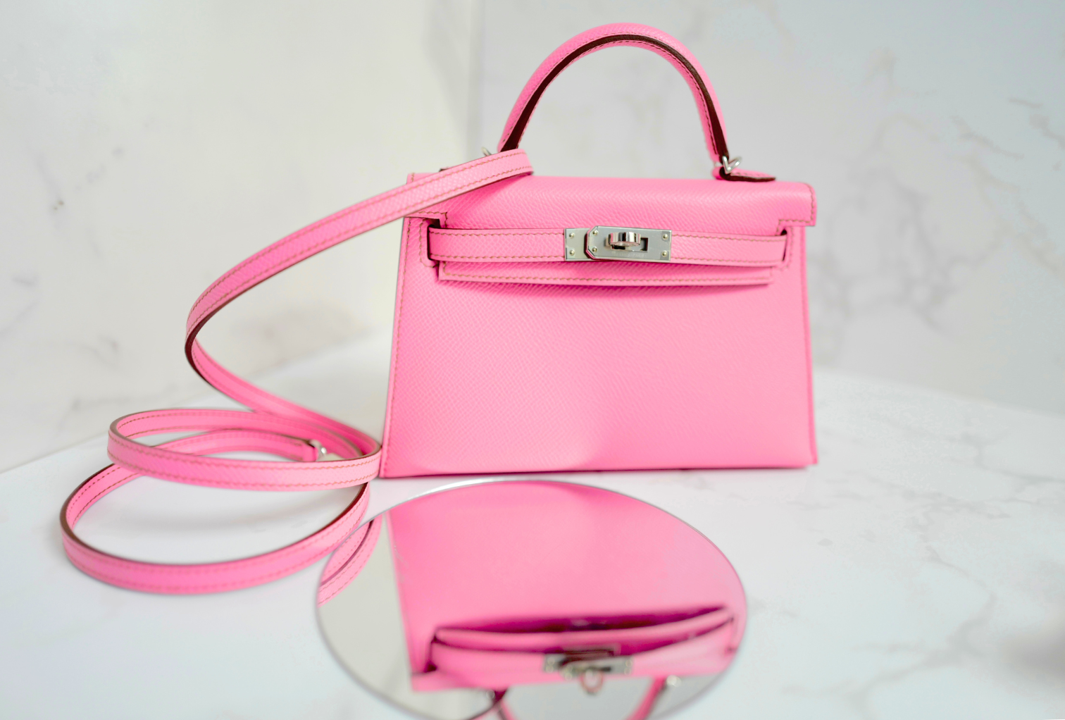 BNIB Hermès Mini Kelly 20 5P Bubblegum Pink Epsom Palladium Hardware Z Stamp
