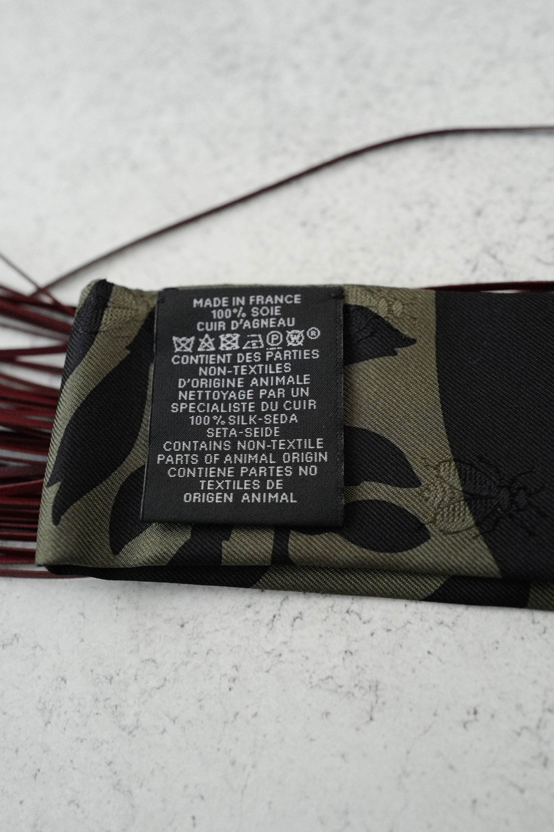 Hermès Twilly Bouquet Final Silk Noir Vert Loden with Leather Fringe