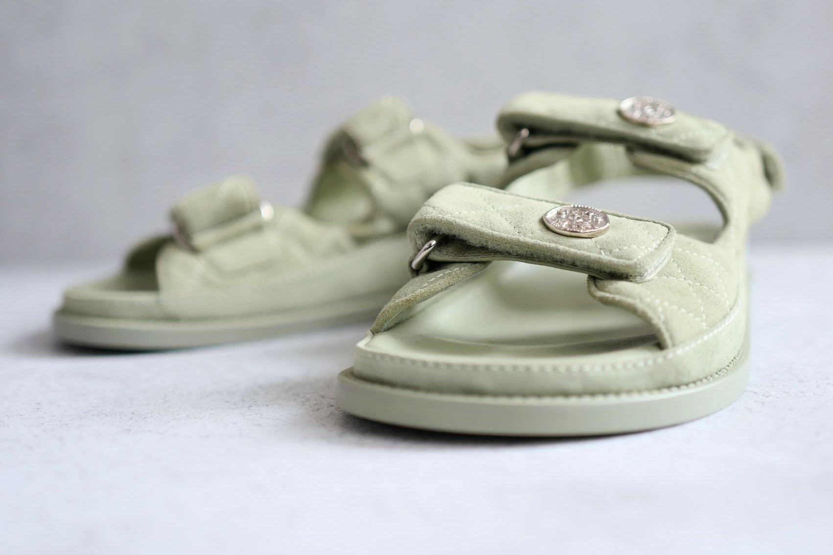 Chanel DAD SANDALS Green SUEDE LEATHER SANDAL Size 37 BNIB