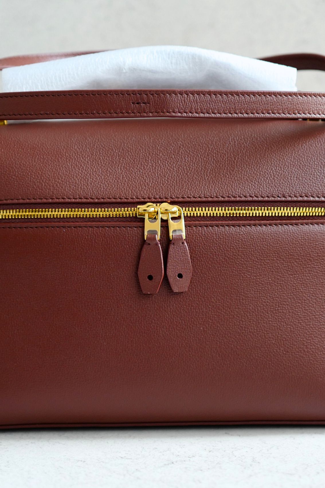 BNIB Loro Piana Extra Bag L27 Smoked Caramel In Grained Calfskin with Gold HW