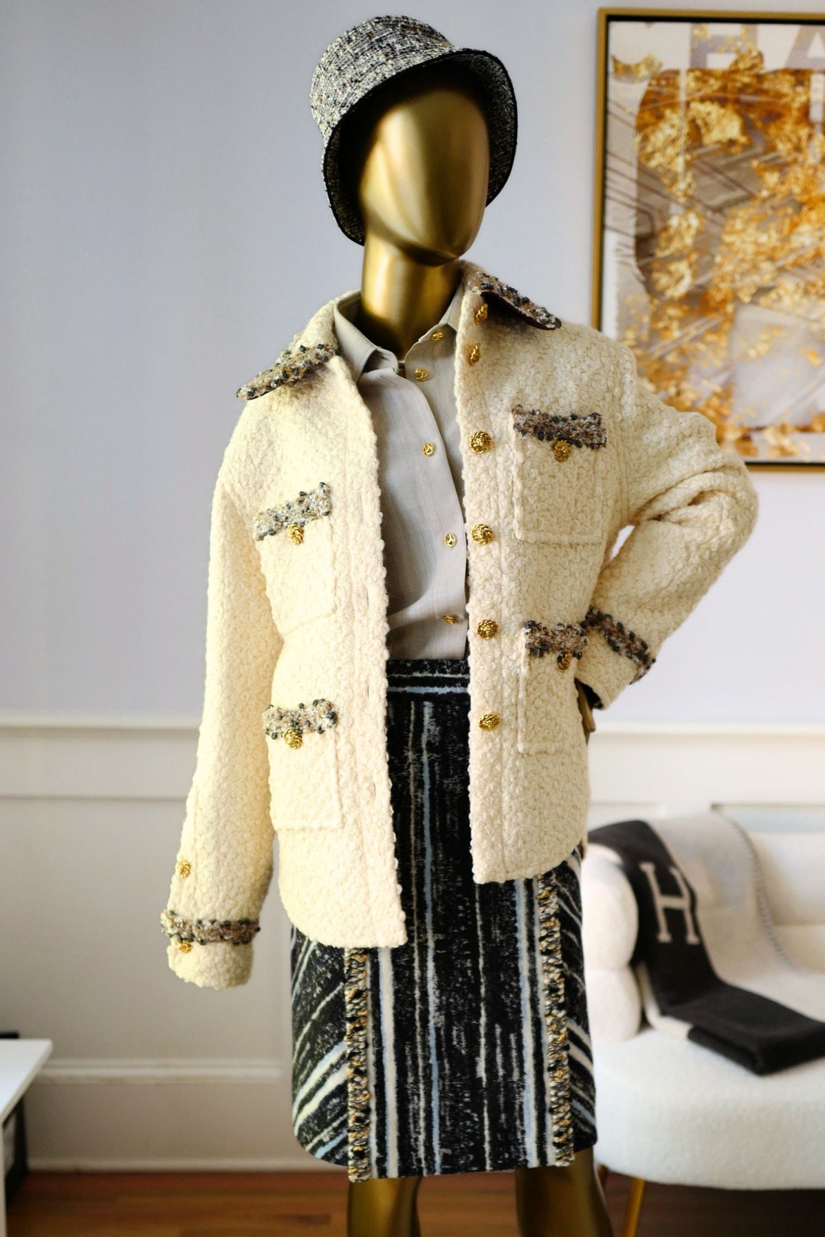 NEW Chanel 26K Oversized Jacket Wool String with Silk Lining Beige Size 36