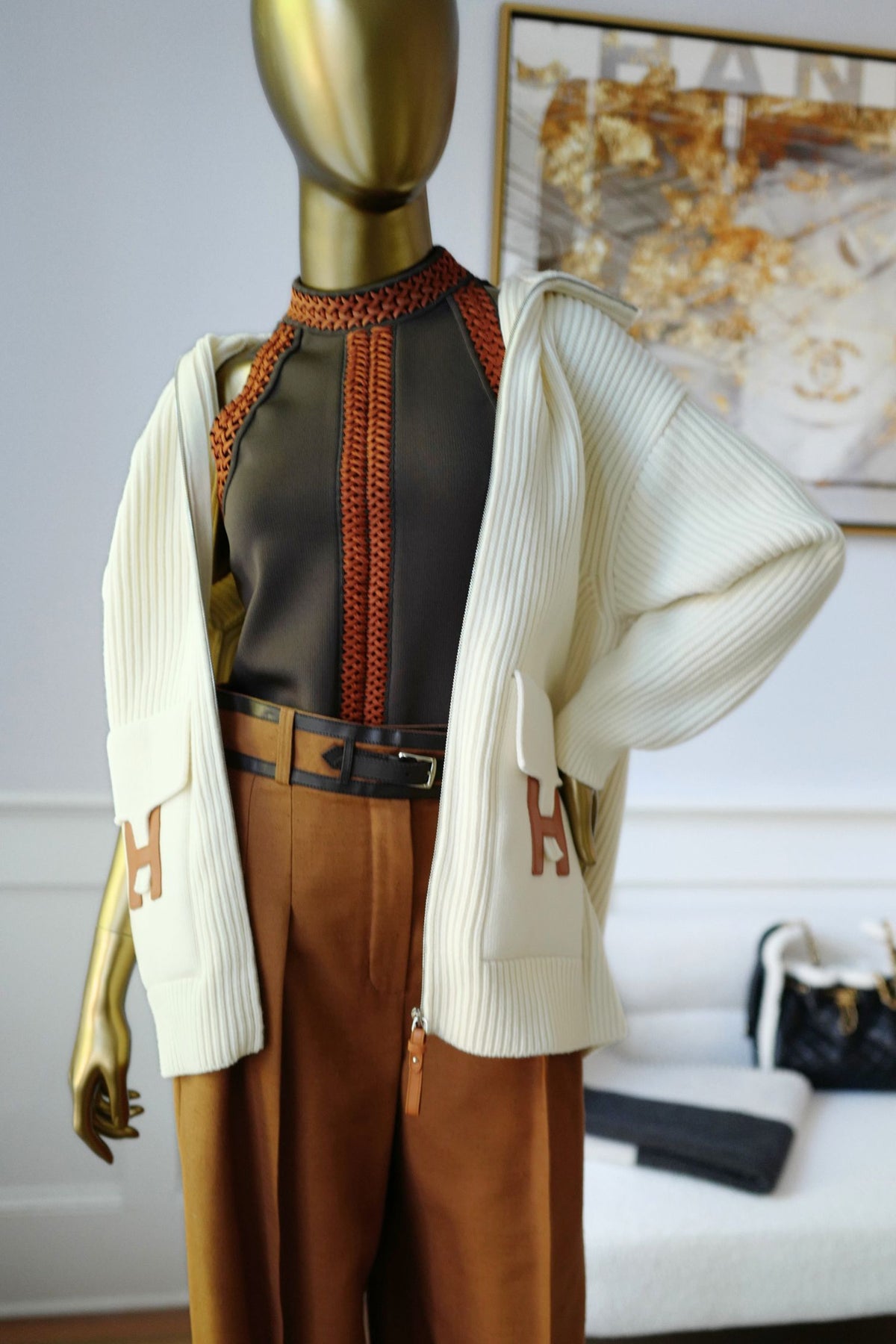 NEW Hermes Blouson Cardigan Wool Knit Blanc Naturel Size 34