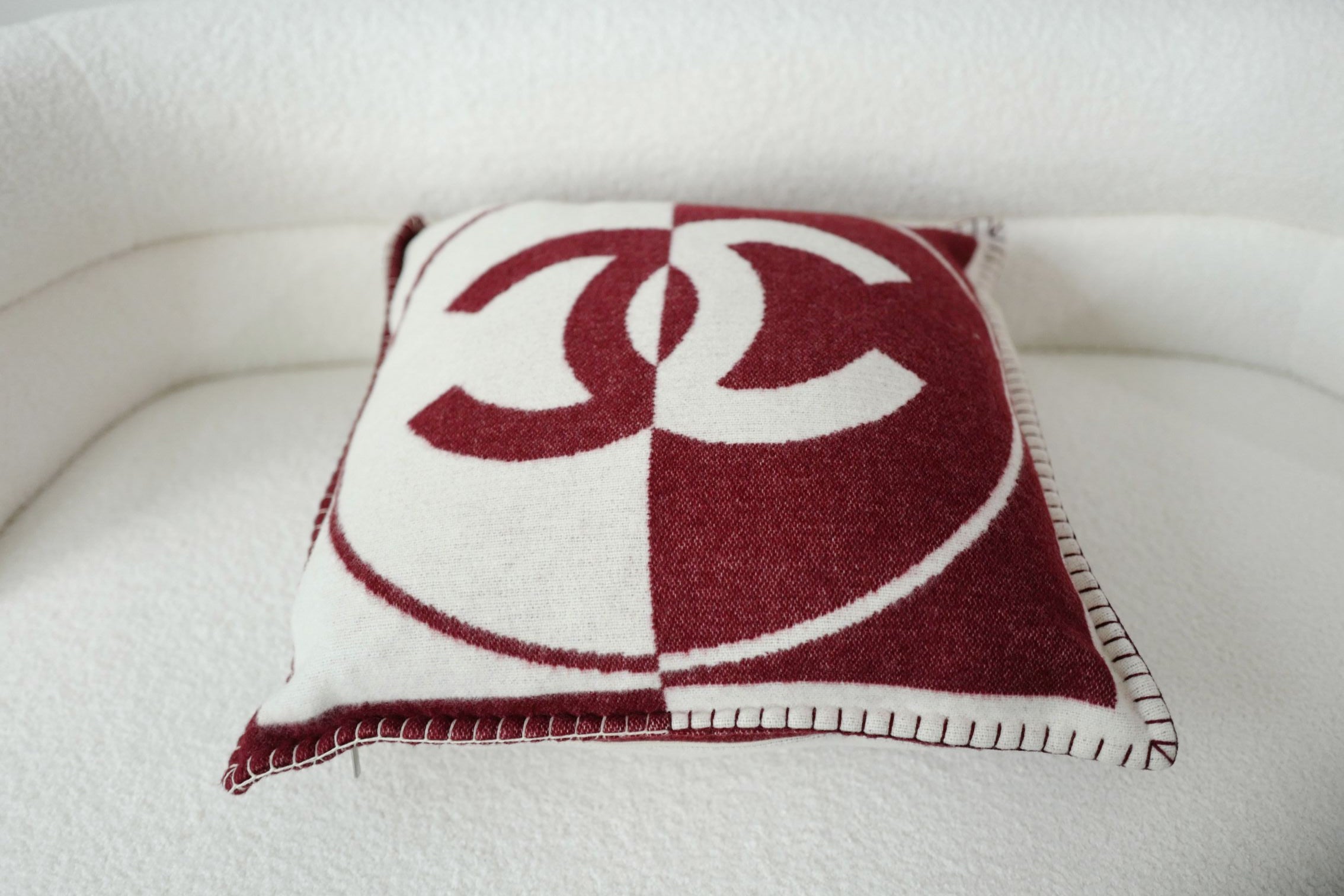 NEW Chanel CC Logo Pillow Burgundy White Wool Cashmere