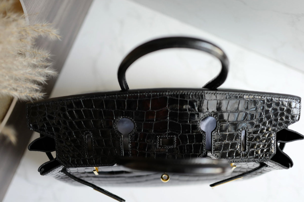 Hermès Birkin 35 Black Shiny Porosus Crocodile Gold HW #D Preowned Condition