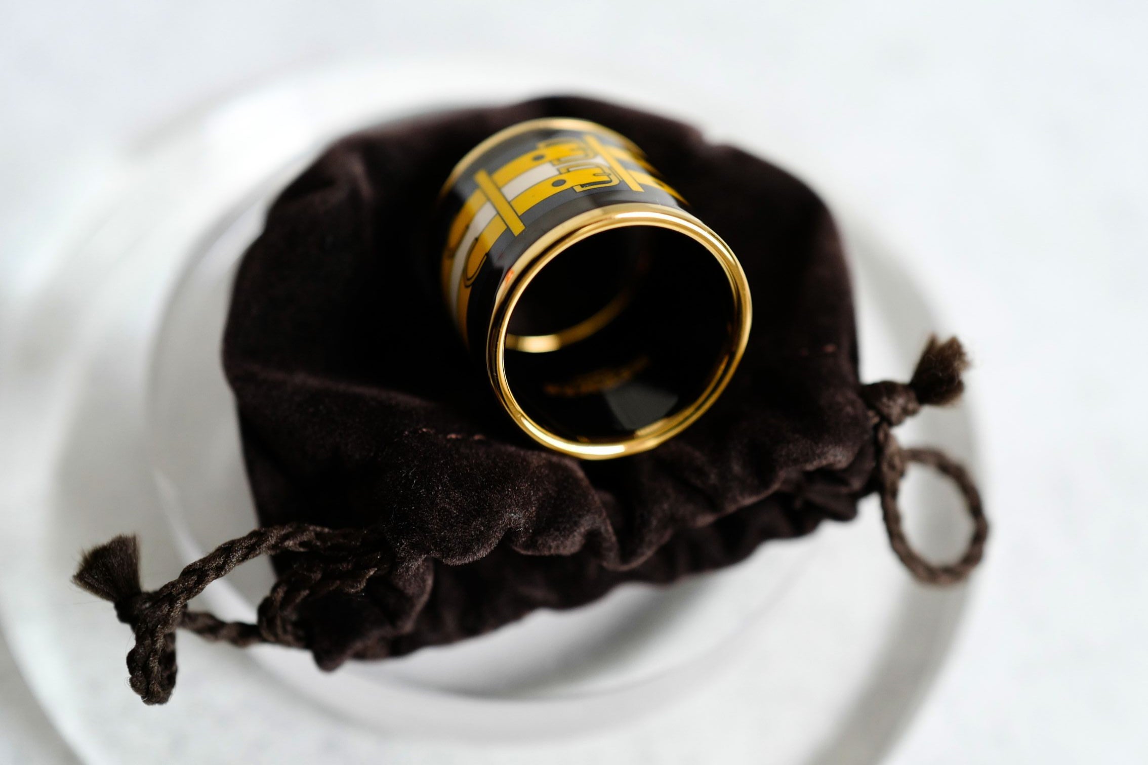 Hermès Rocabar Enamel Scarf Ring Black/Yellow/Blue Striped