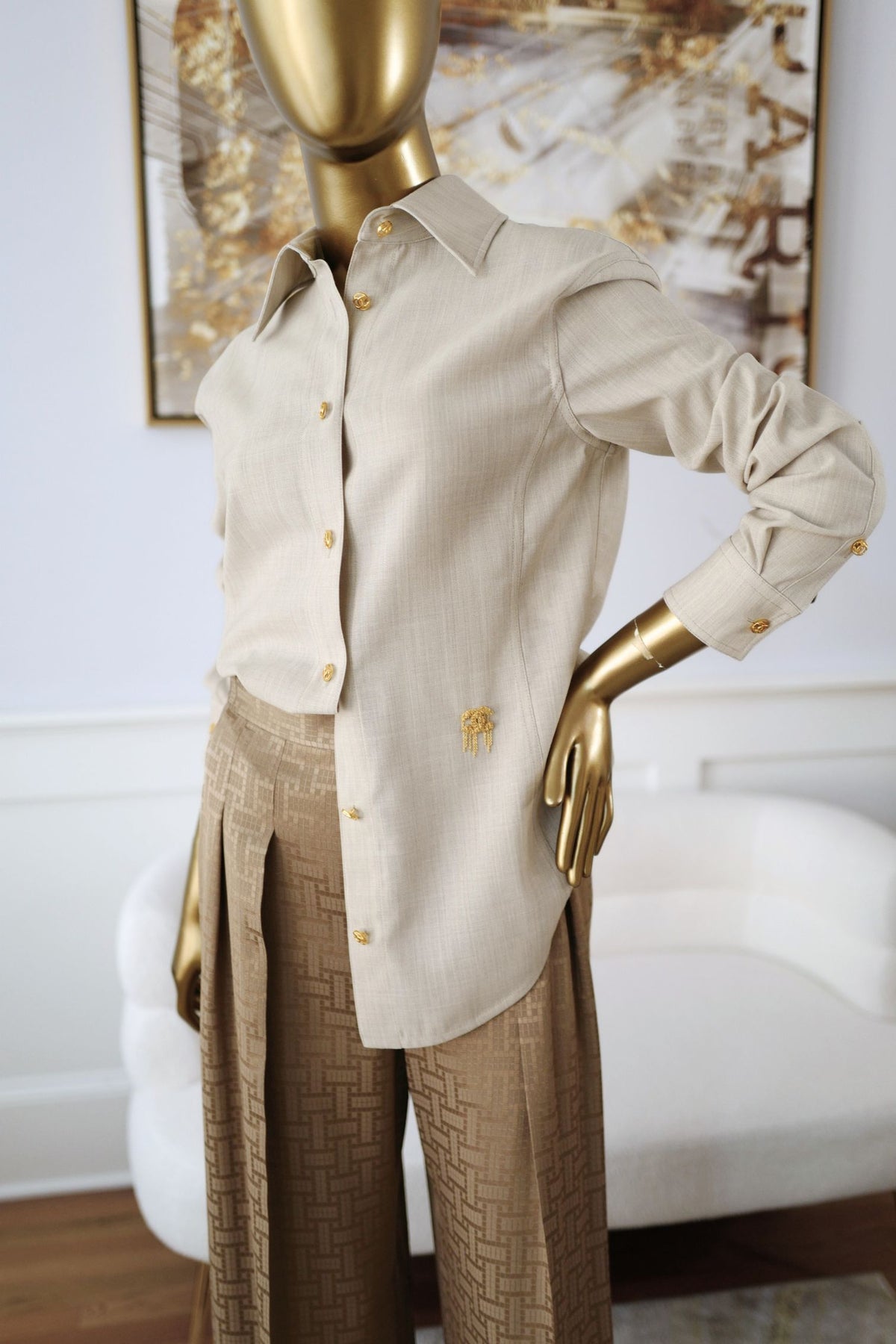 NEW Chanel 26K Women Shirt Wool Tailored Mushroom Beige Size 36