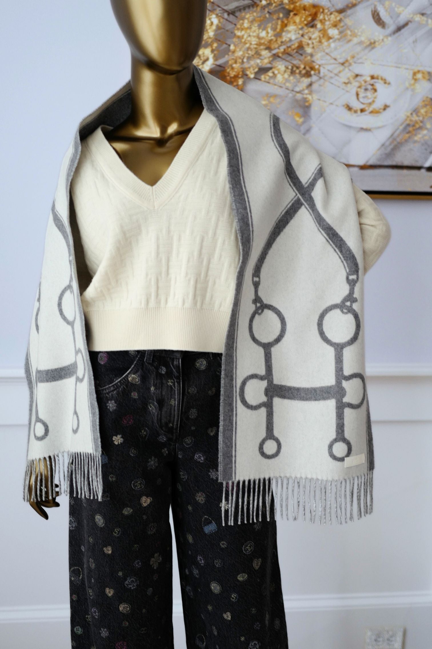 Hermès Casaque Mors Cashmere Scarf in Ivoire Gris Flanelle