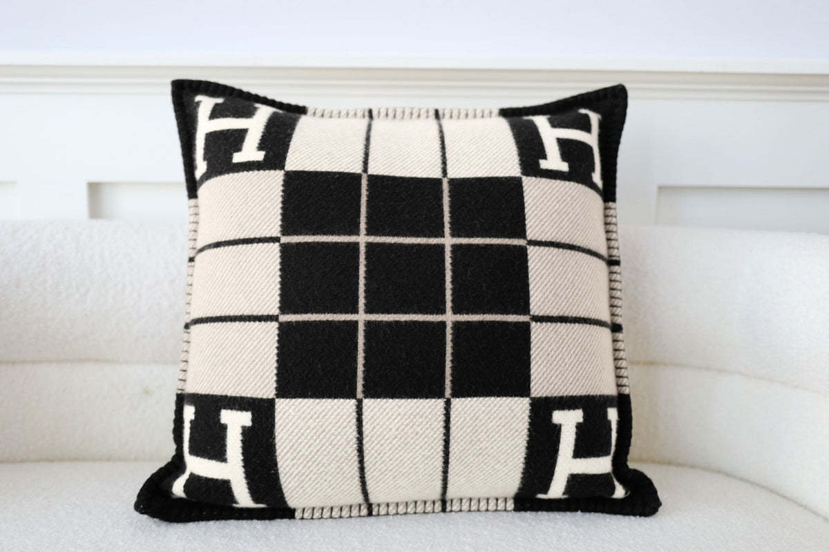 New Hermes Avalon III Jacquard Cushion Petit Modele Wool Cashmere Ecru Noir