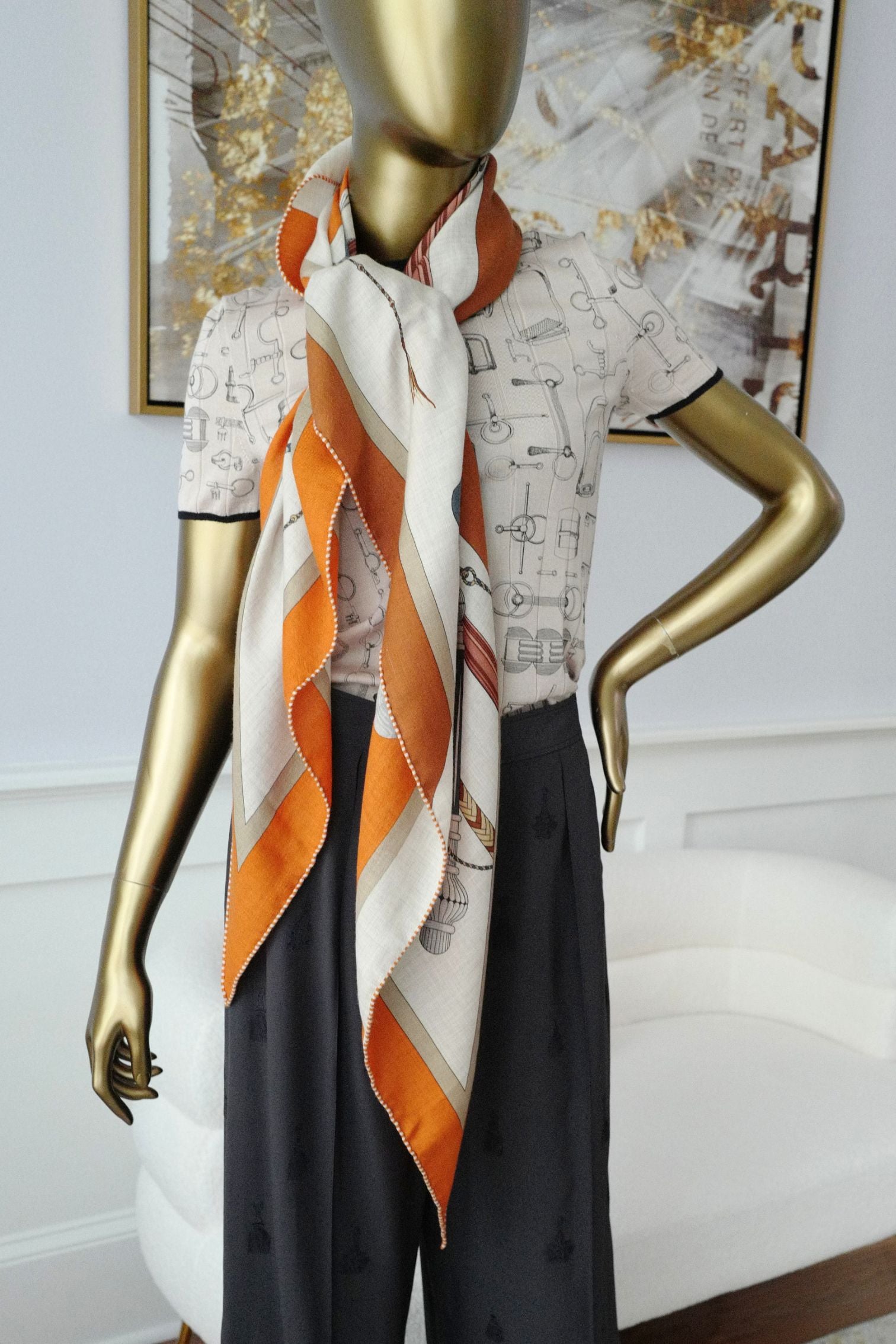 Hermès Clic-Clac Triangle Scarf Orange Cuit /Naturel/Caramel Cashmere Silk
