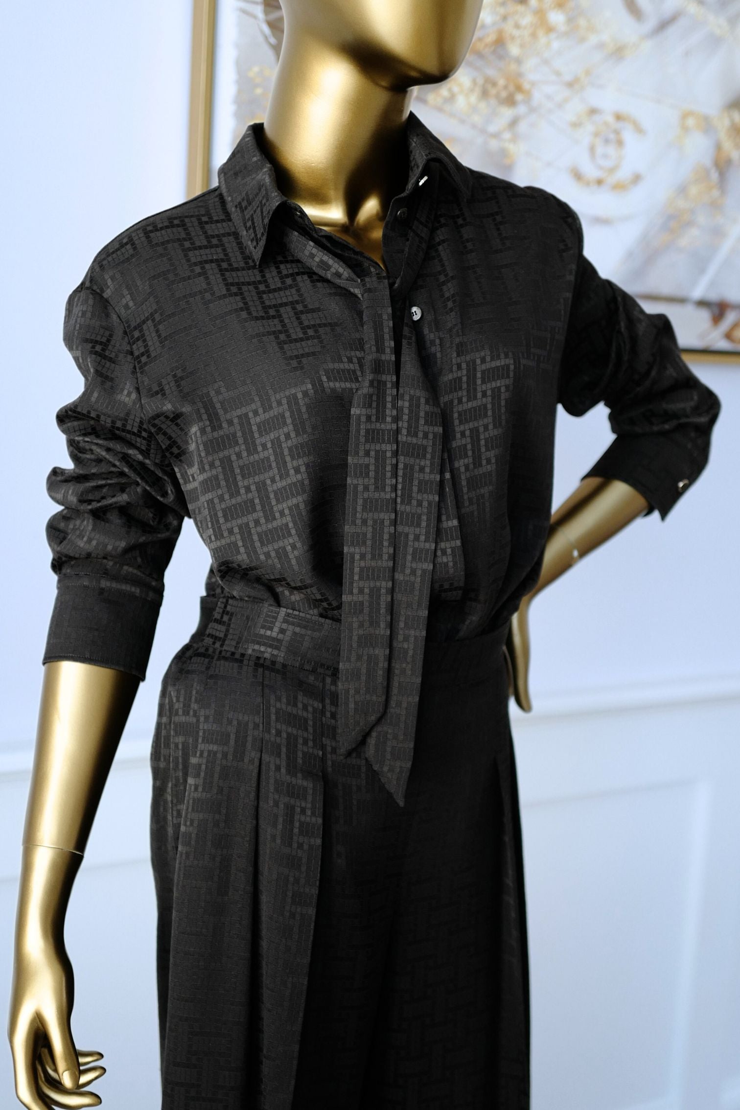 NEW Hermès Mosaïque Silk Jacquard Lavallière Black Masculine Shirt Size 36