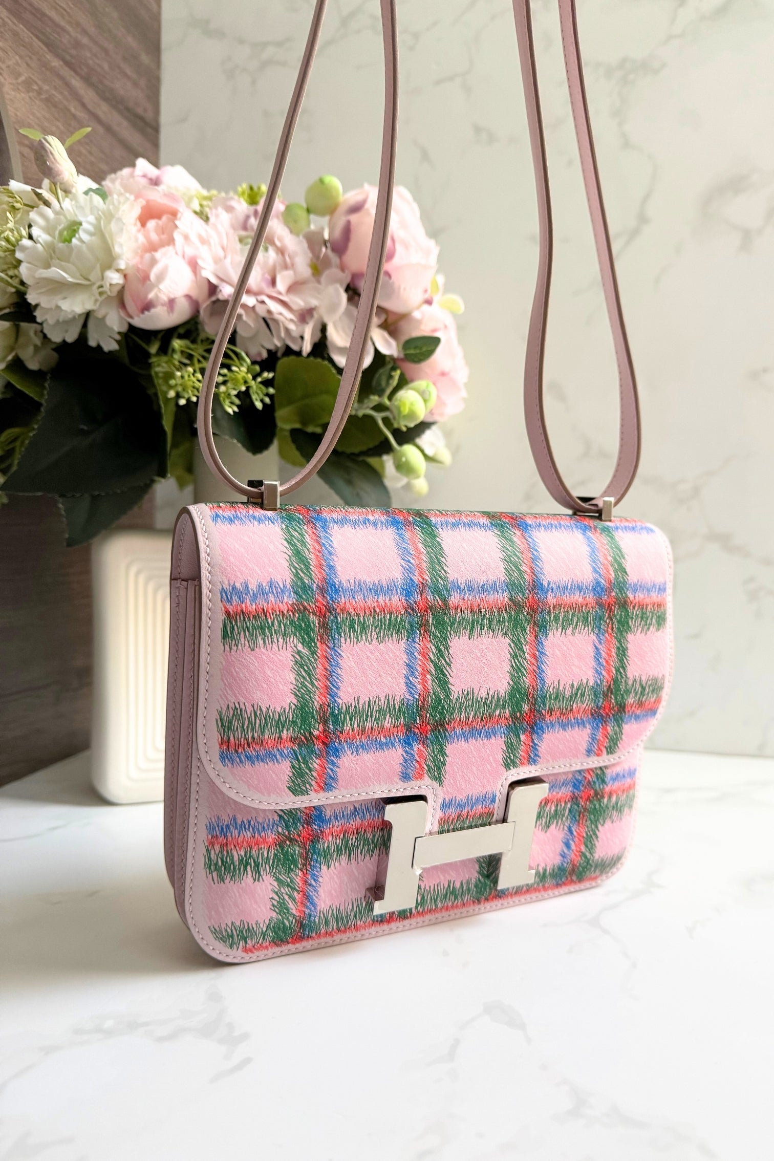 BNIB Hermès Constance 18 Mirror Tartan Pink Leather Shoulder Bag Palladium Hardware