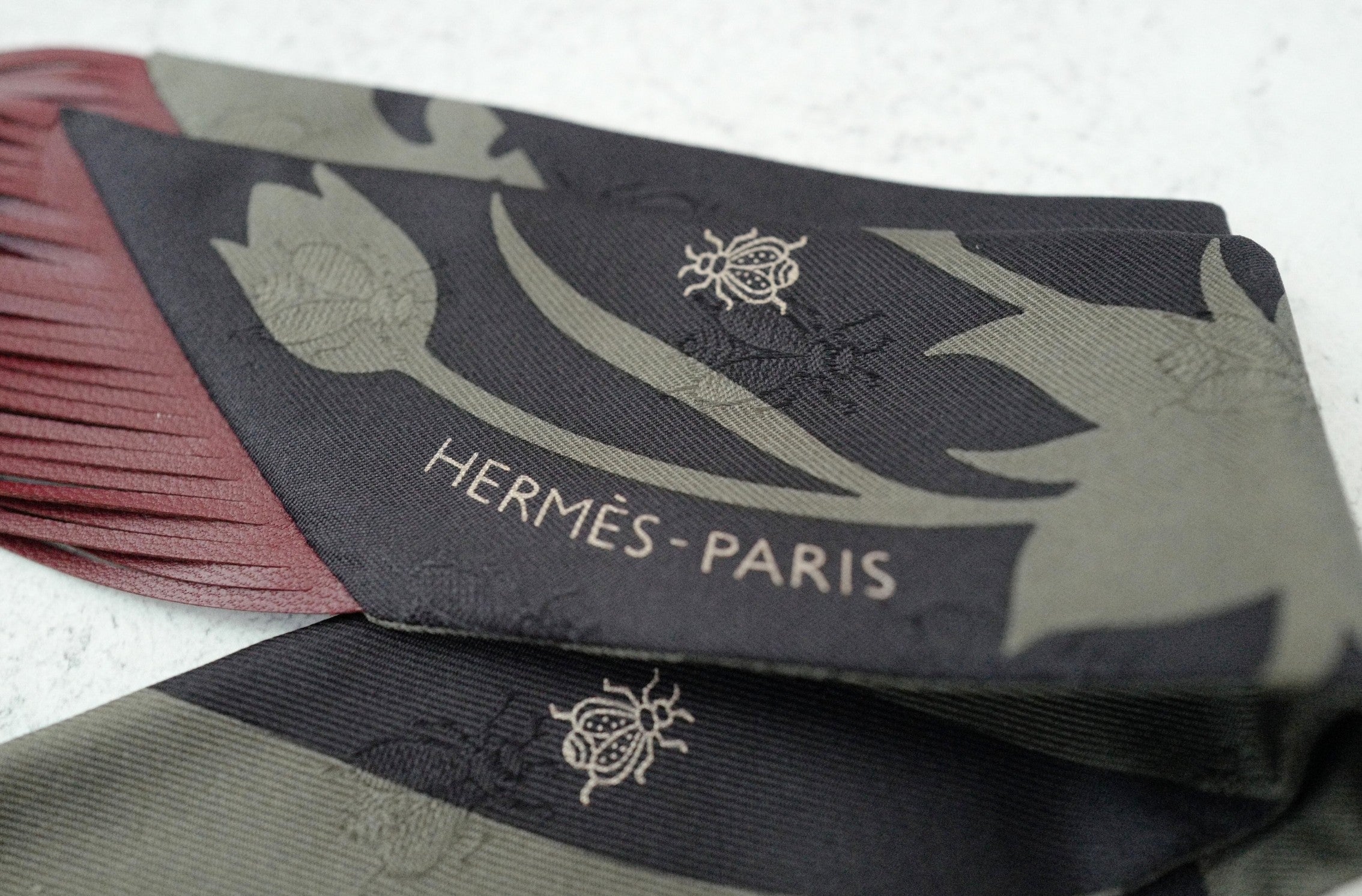 Hermès Twilly Bouquet Final Silk Noir Vert Loden with Leather Fringe