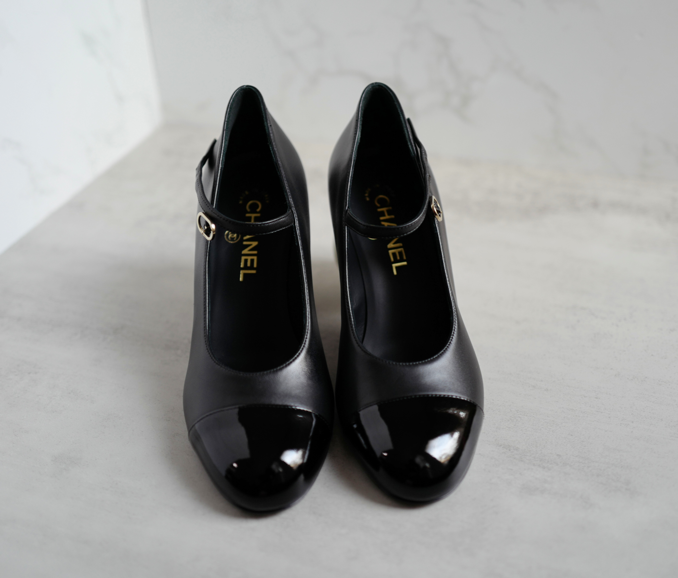 Chanel Mary Jane Black Leather Cap Toe Heels Size 37.5