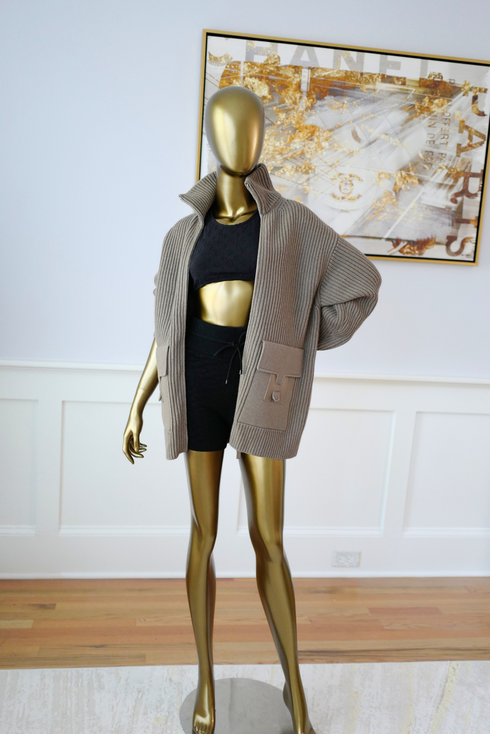NEW Hermès Blouson Cardigan H Pockets Etoupe Size 34 Wool Jacket