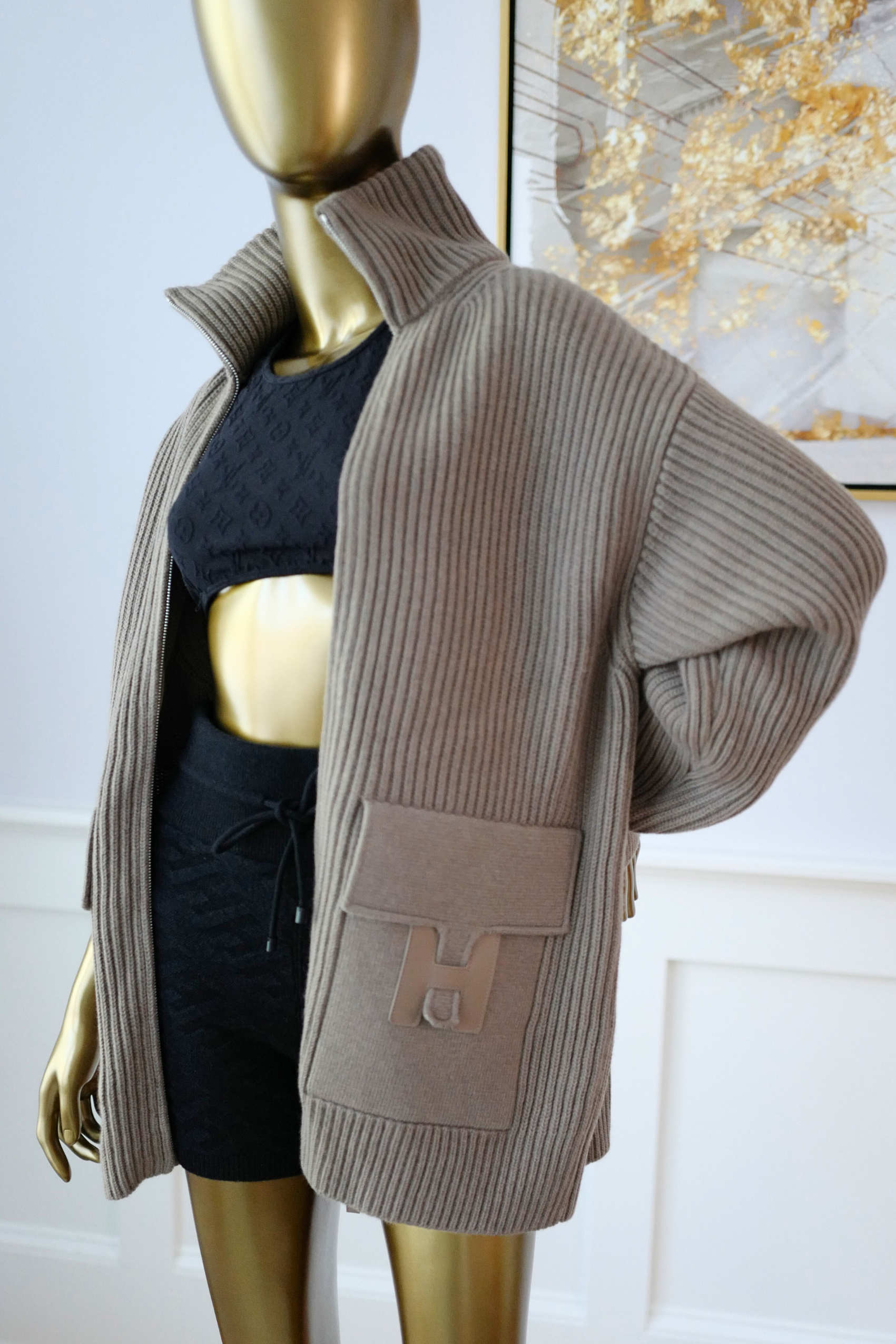 NEW Hermès Blouson Cardigan H Pockets Etoupe Size 34 Wool Jacket