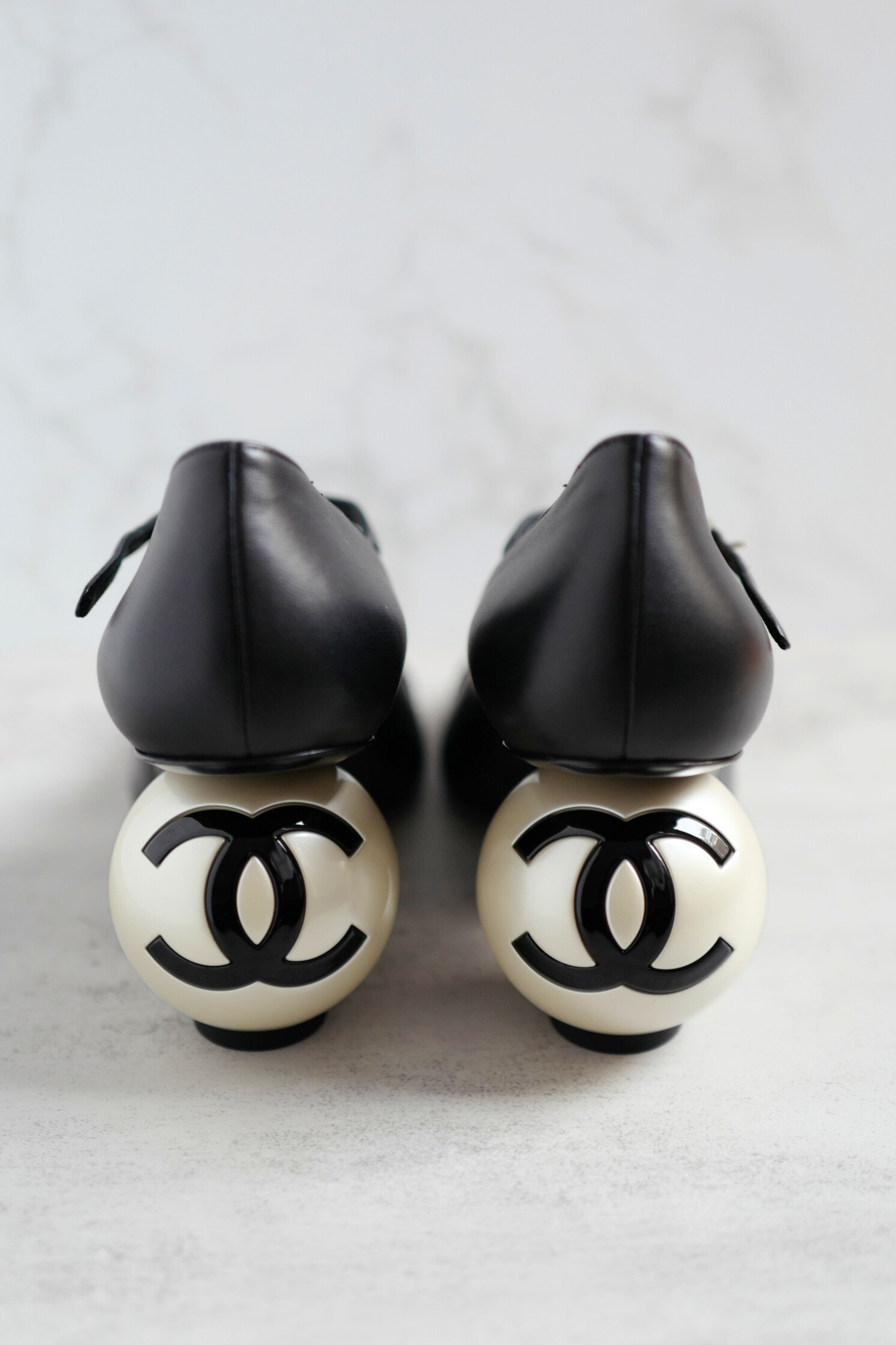 Chanel Mary Jane Black Leather Cap Toe Heels Size 37.5