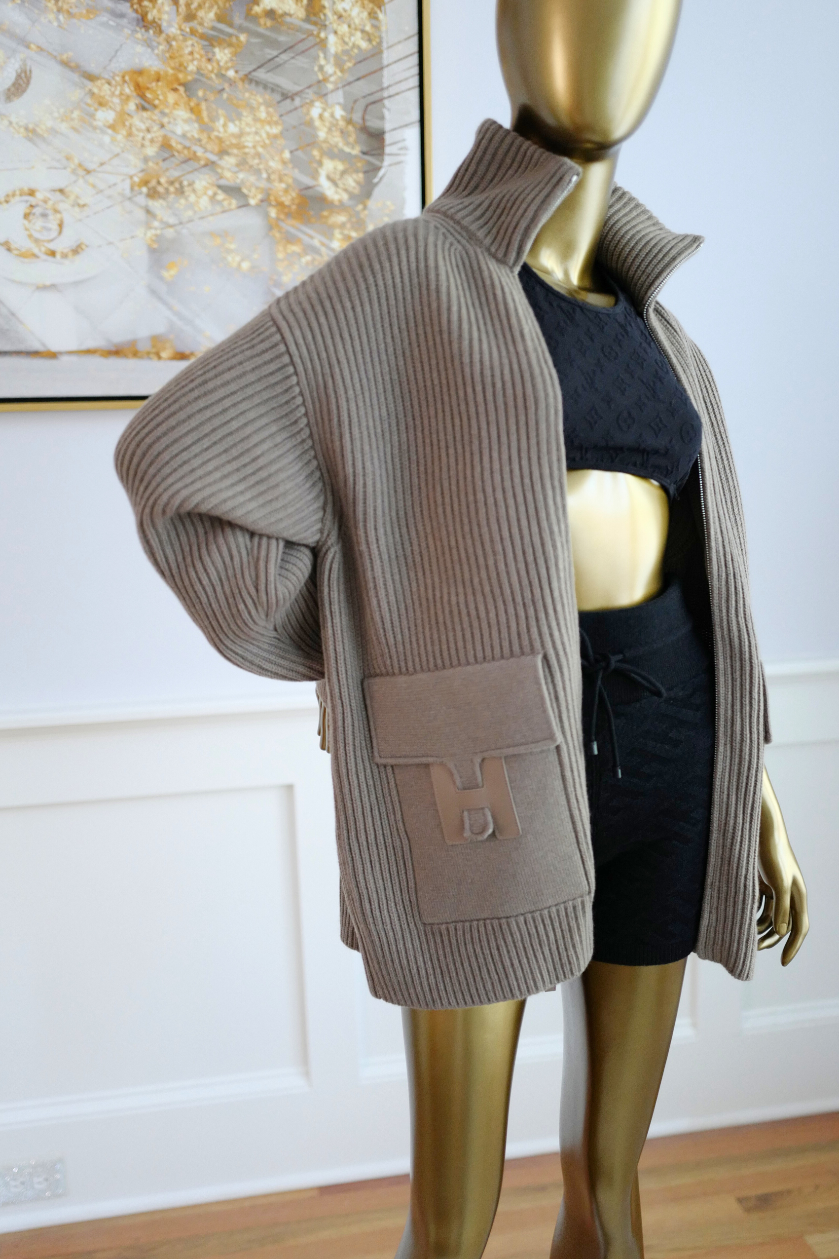 NEW Hermès Blouson Cardigan H Pockets Etoupe Size 34 Wool Jacket
