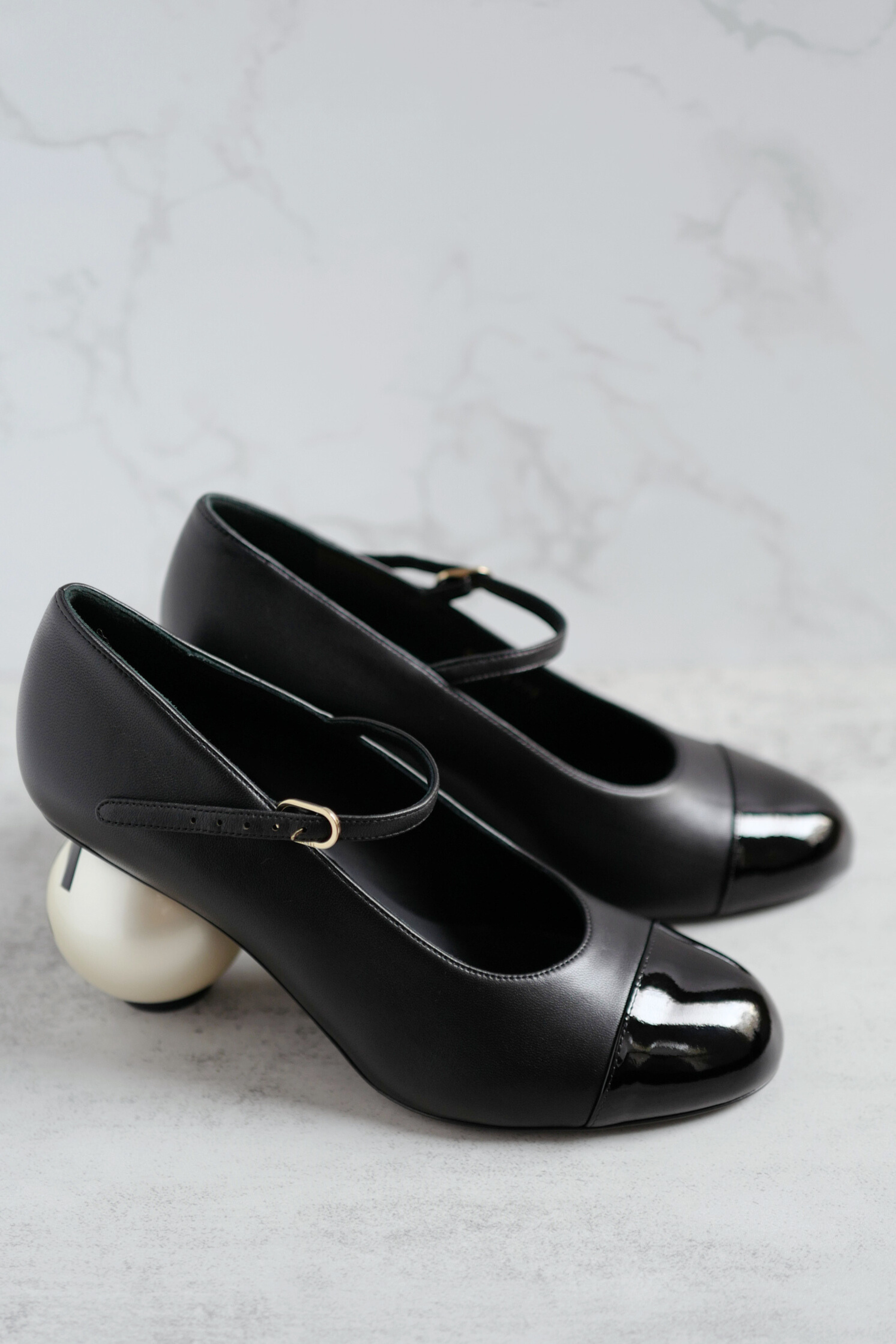 Chanel Mary Jane Black Leather Cap Toe Heels Size 37.5