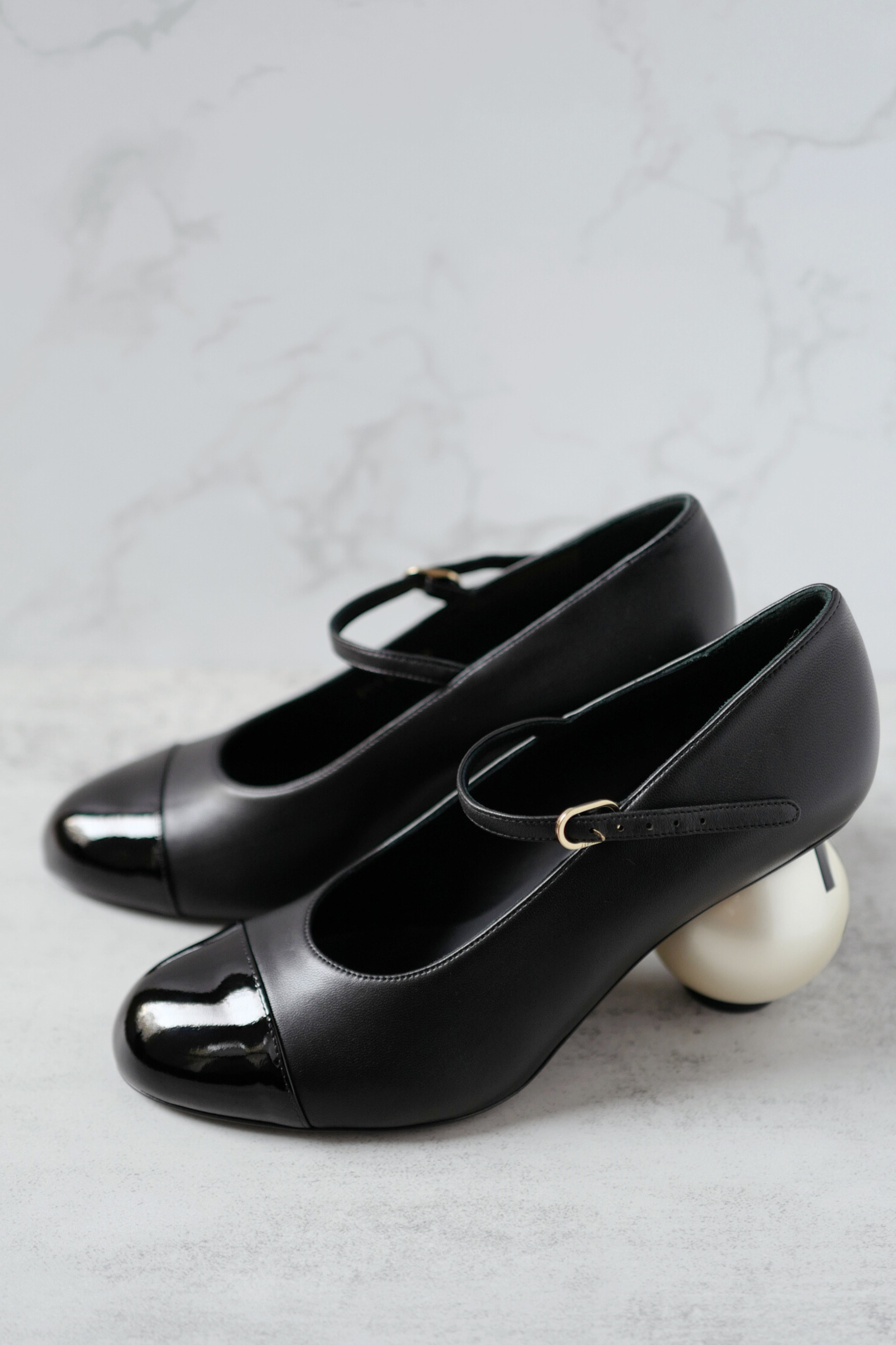 Chanel Mary Jane Black Leather Cap Toe Heels Size 37.5