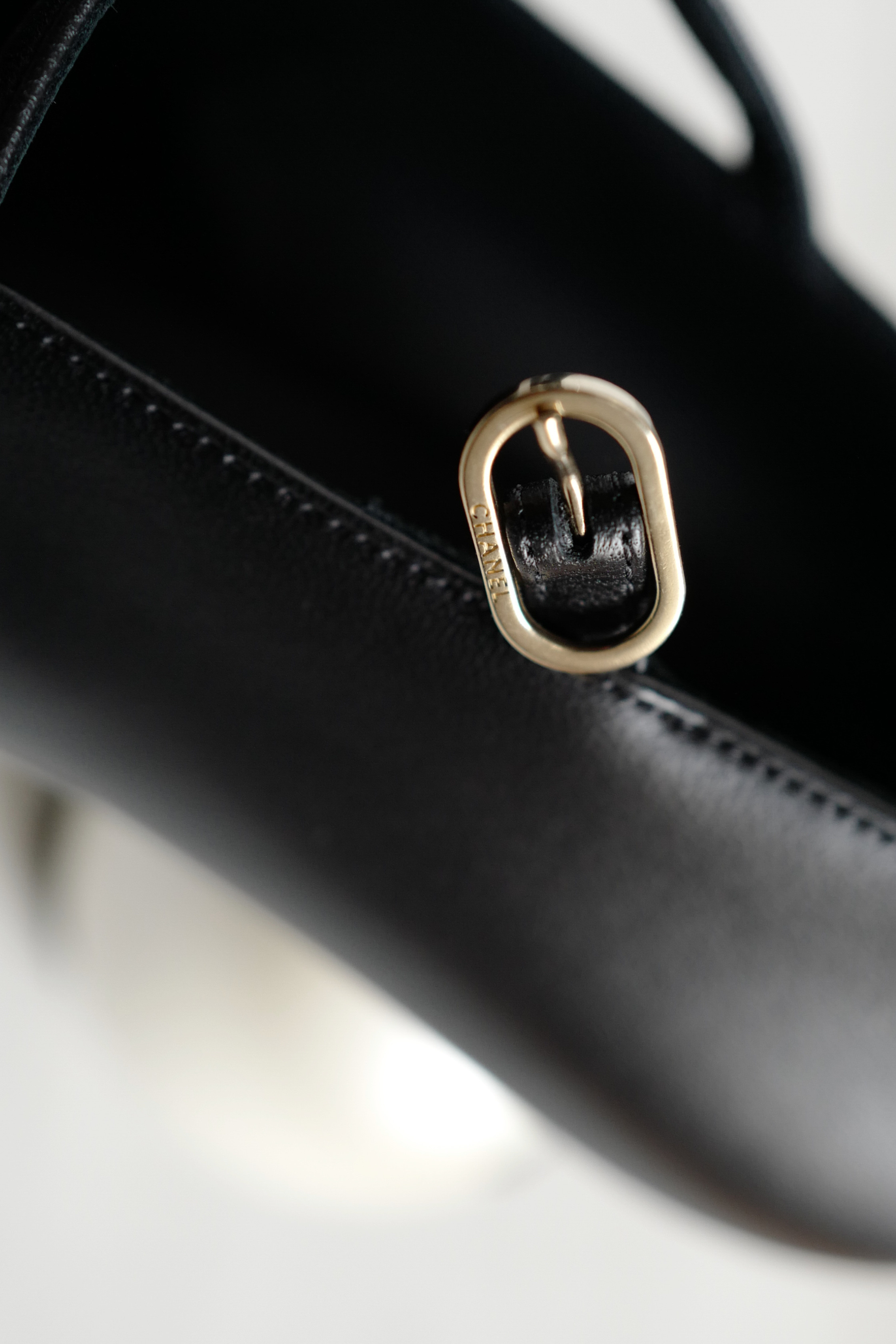 Chanel Mary Jane Black Leather Cap Toe Heels Size 37.5