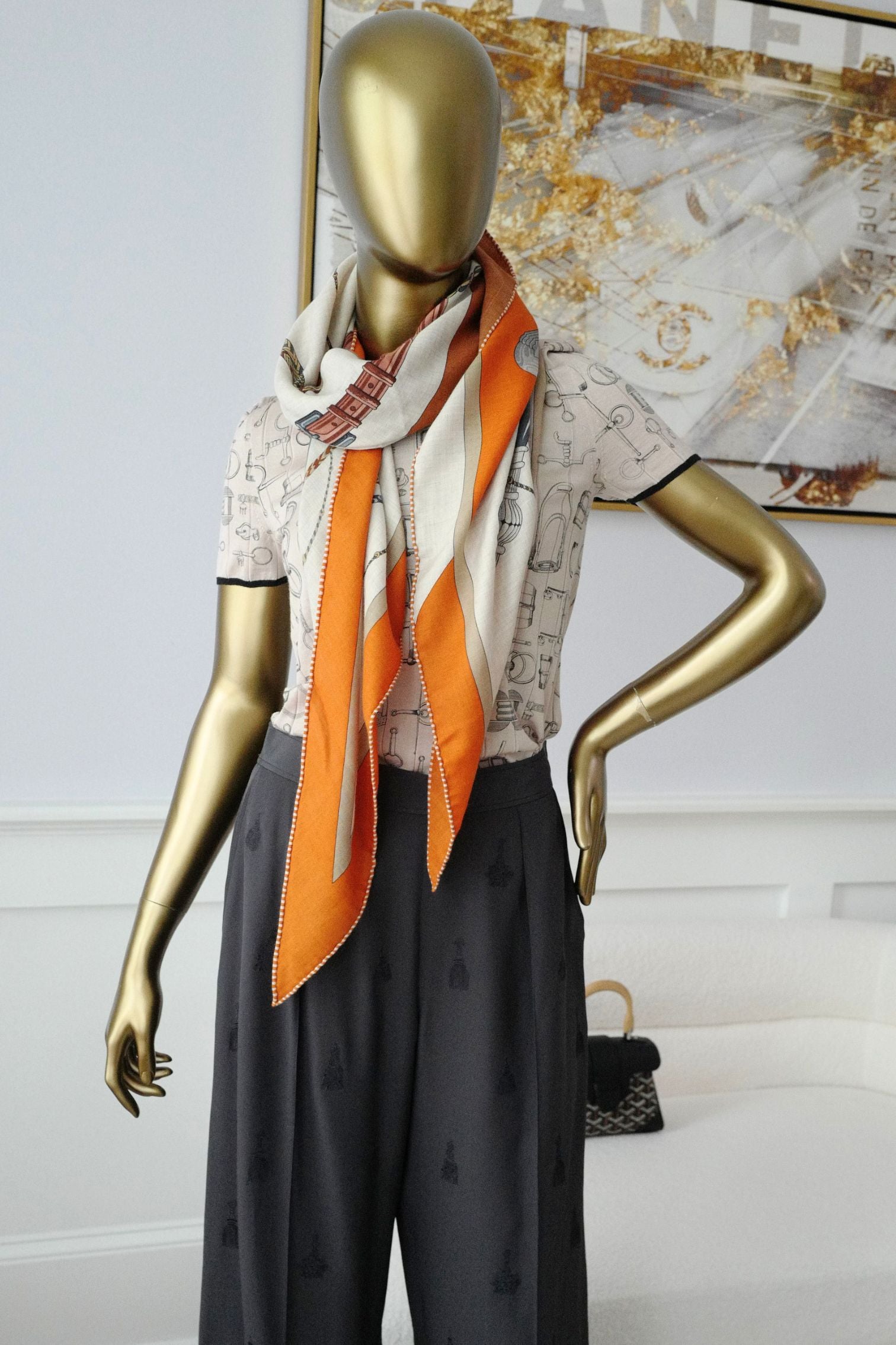 Hermès Clic-Clac Triangle Scarf Orange Cuit /Naturel/Caramel Cashmere Silk