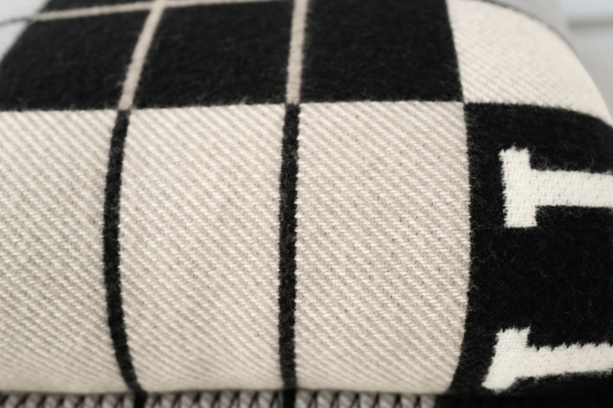 New Hermes Avalon III Jacquard Cushion Petit Modele Wool Cashmere Ecru Noir
