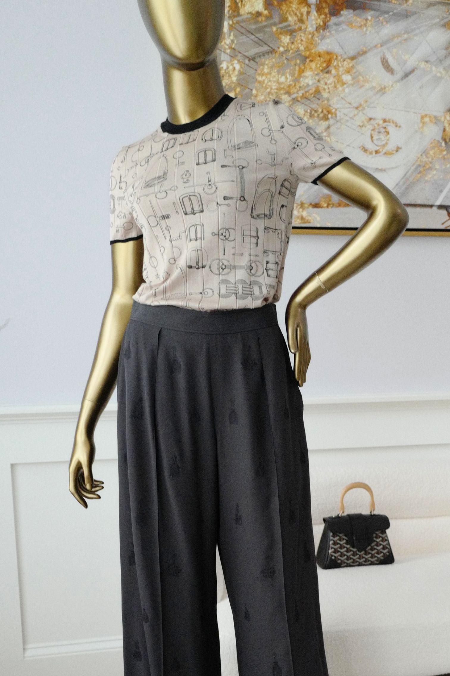 Hermès Short Sleeve Sweater "Cahier du Colporteur" Beige Cashmere Silk Size 36