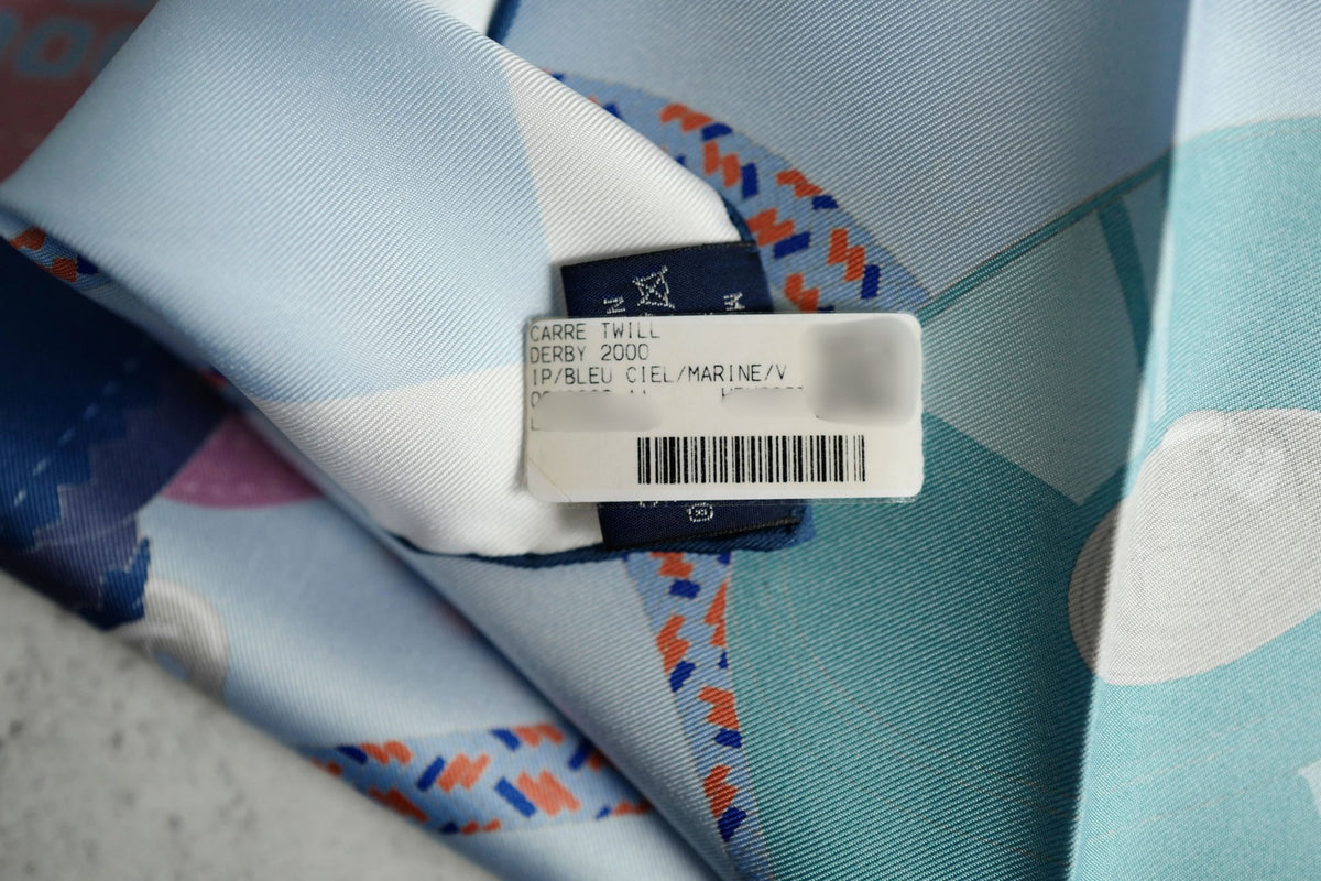 Hermes Derby 2000 Scarf 90 Bleu Ciel / Marine / Vieux Rose 100% Silk