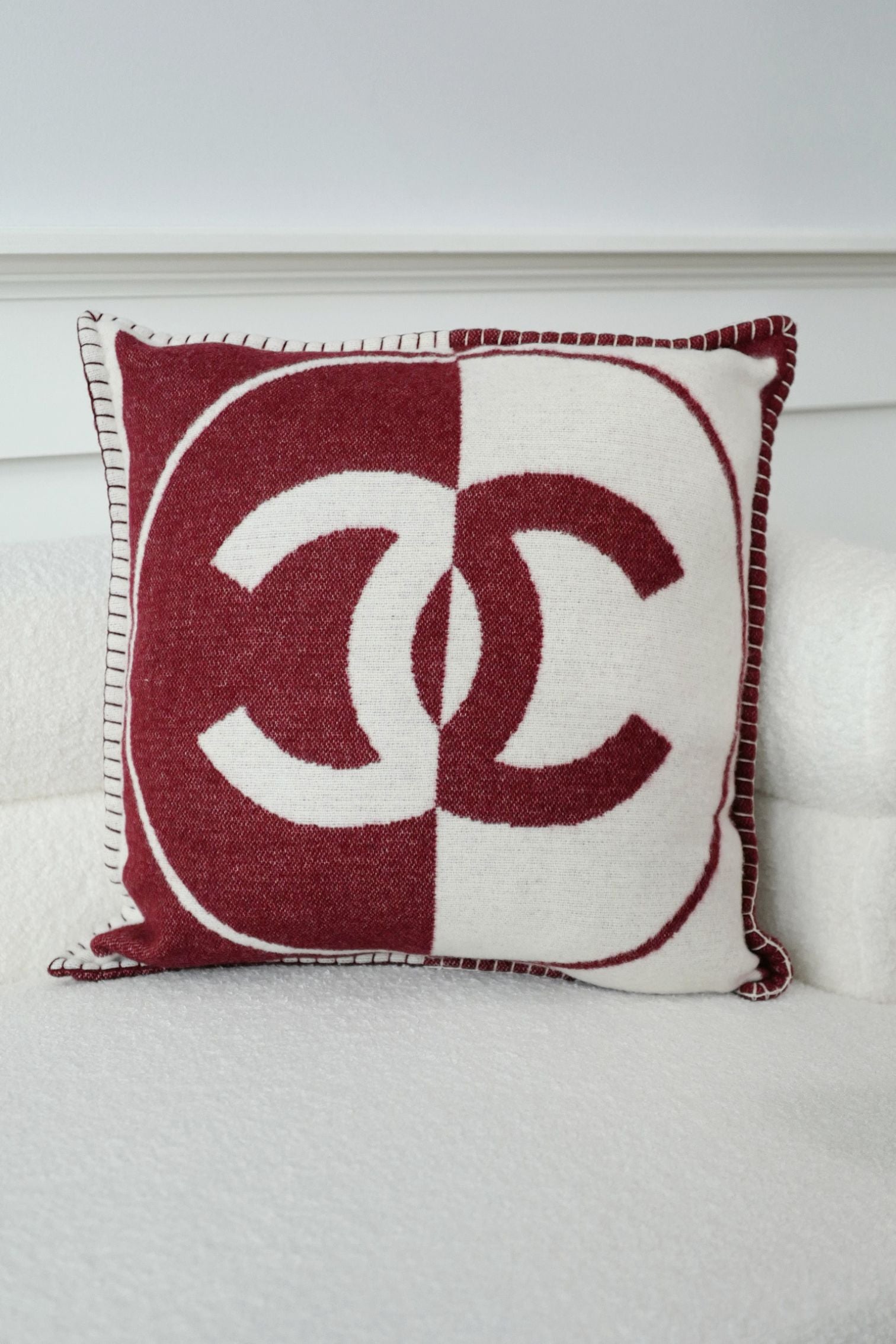 NEW Chanel CC Logo Pillow Burgundy White Wool Cashmere