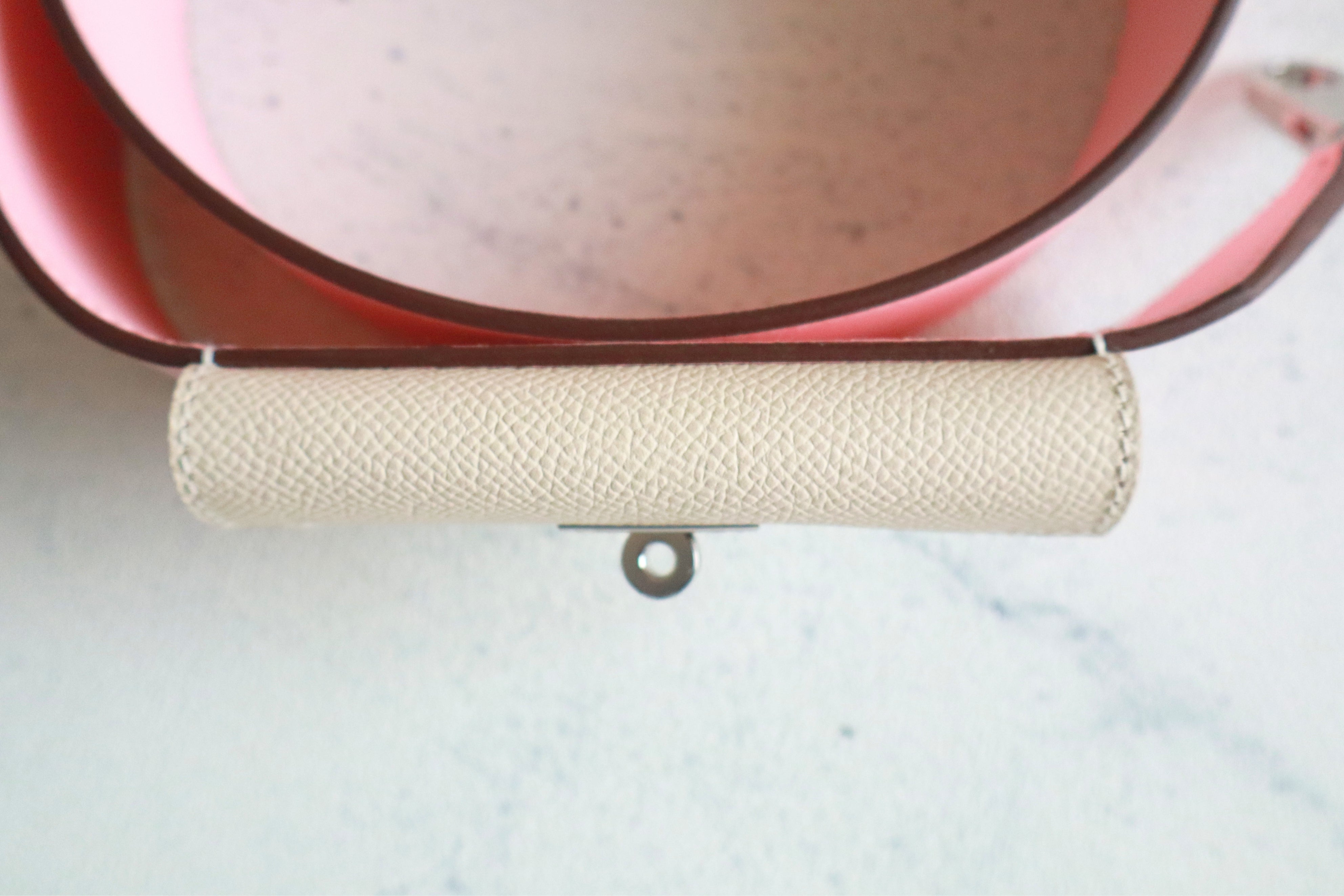 NEW Hermes Kelly Pocket Bag Strap Rose Sakura/Craie Swift Epsom Calfskin 85 cm