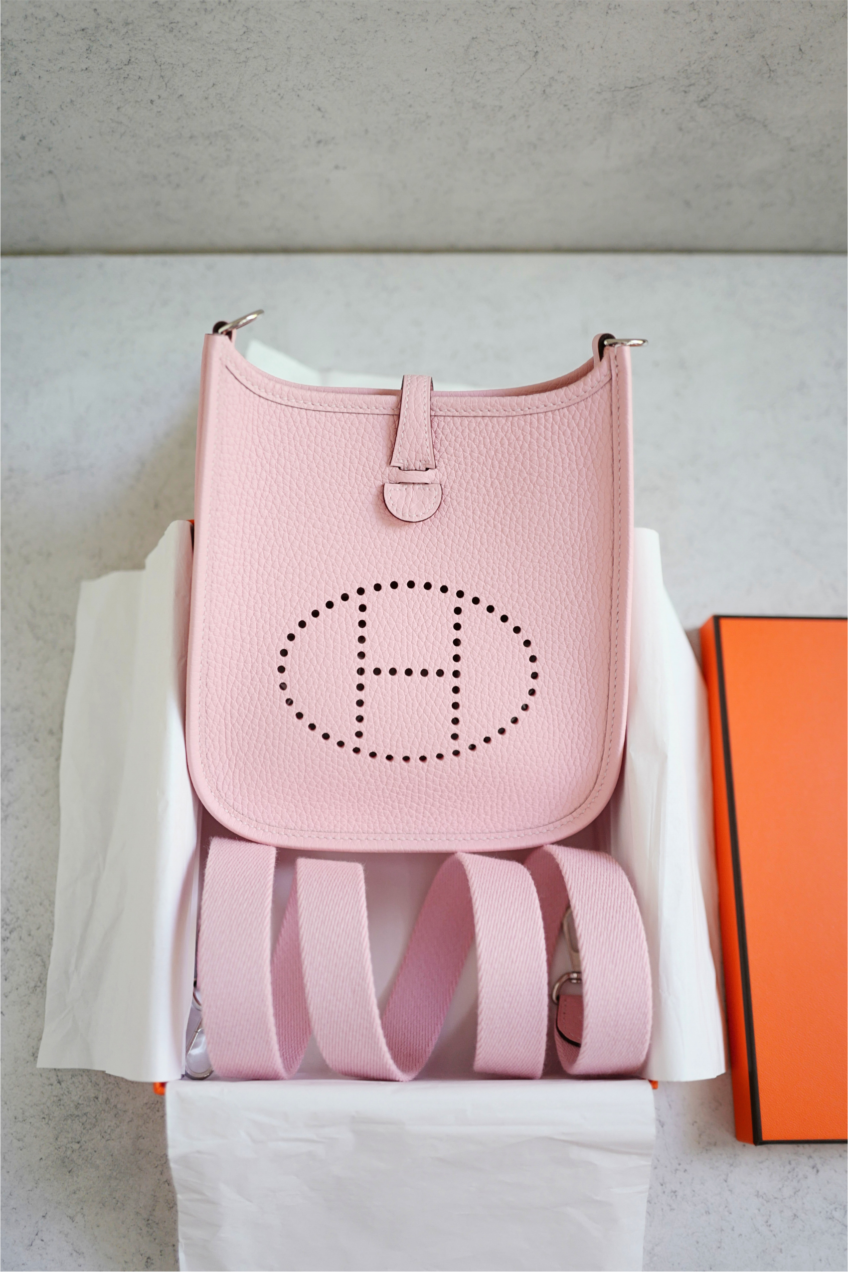 BNIB Hermès Mini Evelyne Bag Rose Sakura Clemence Leather Palladium Hardware