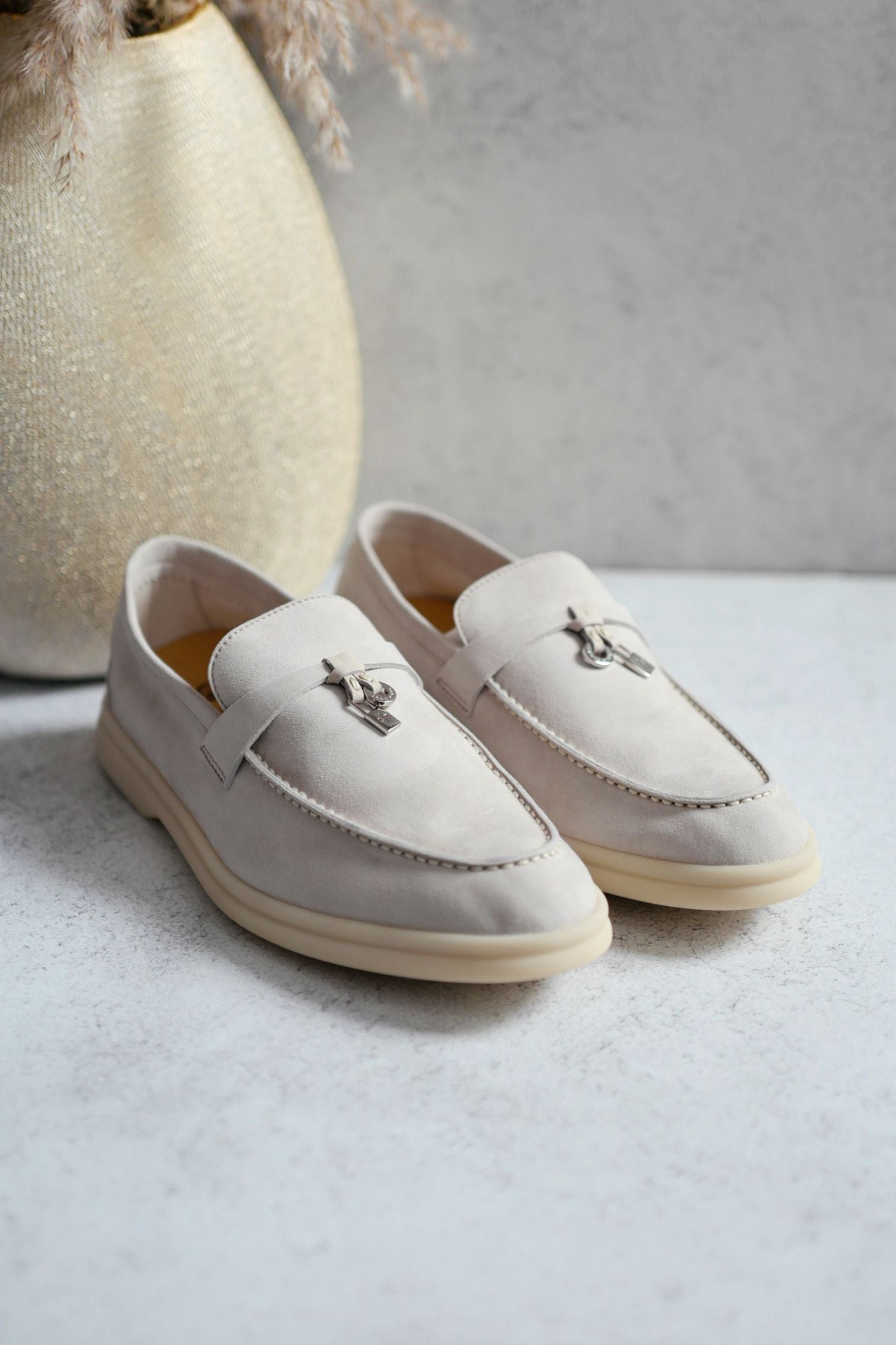 Loro Piana Summer Charm Walk Loafer Pearl Powder Suede Calfskin Size 37.5