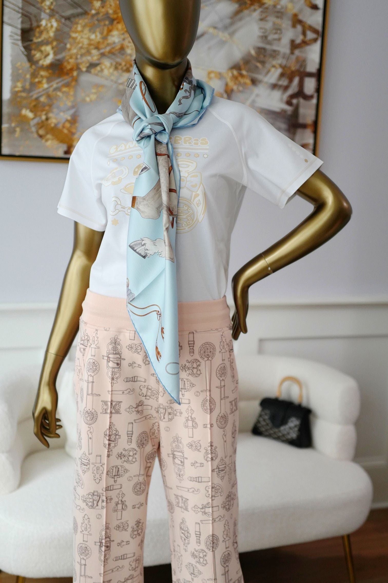 Hermès Grand Galop Scarf 90 Bleu Ciel / Gris / Cuir 100% Silk