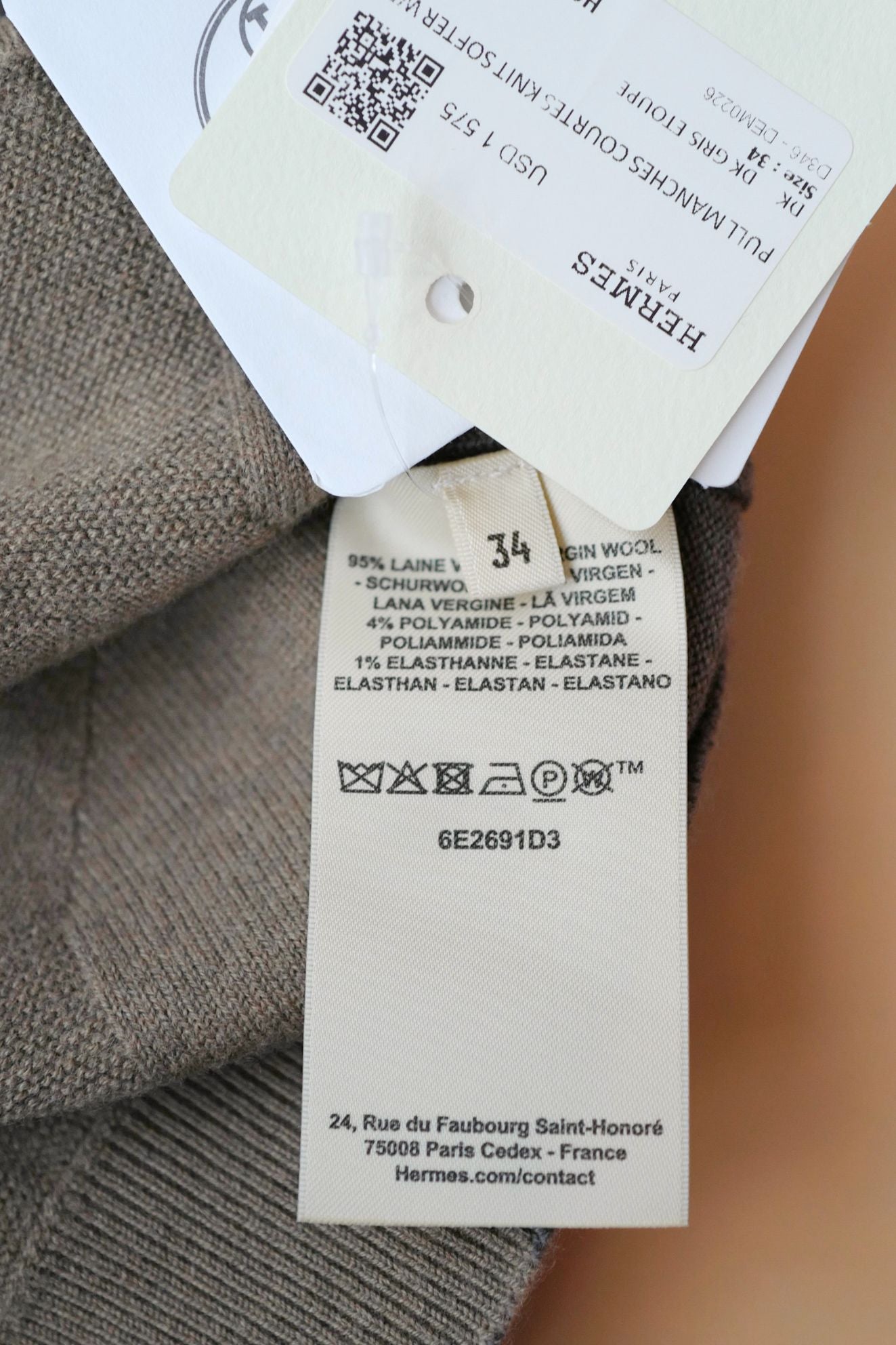 Hermès H Voyage Short Sleeve Sweater Étoupe Virgin Wool Size 34