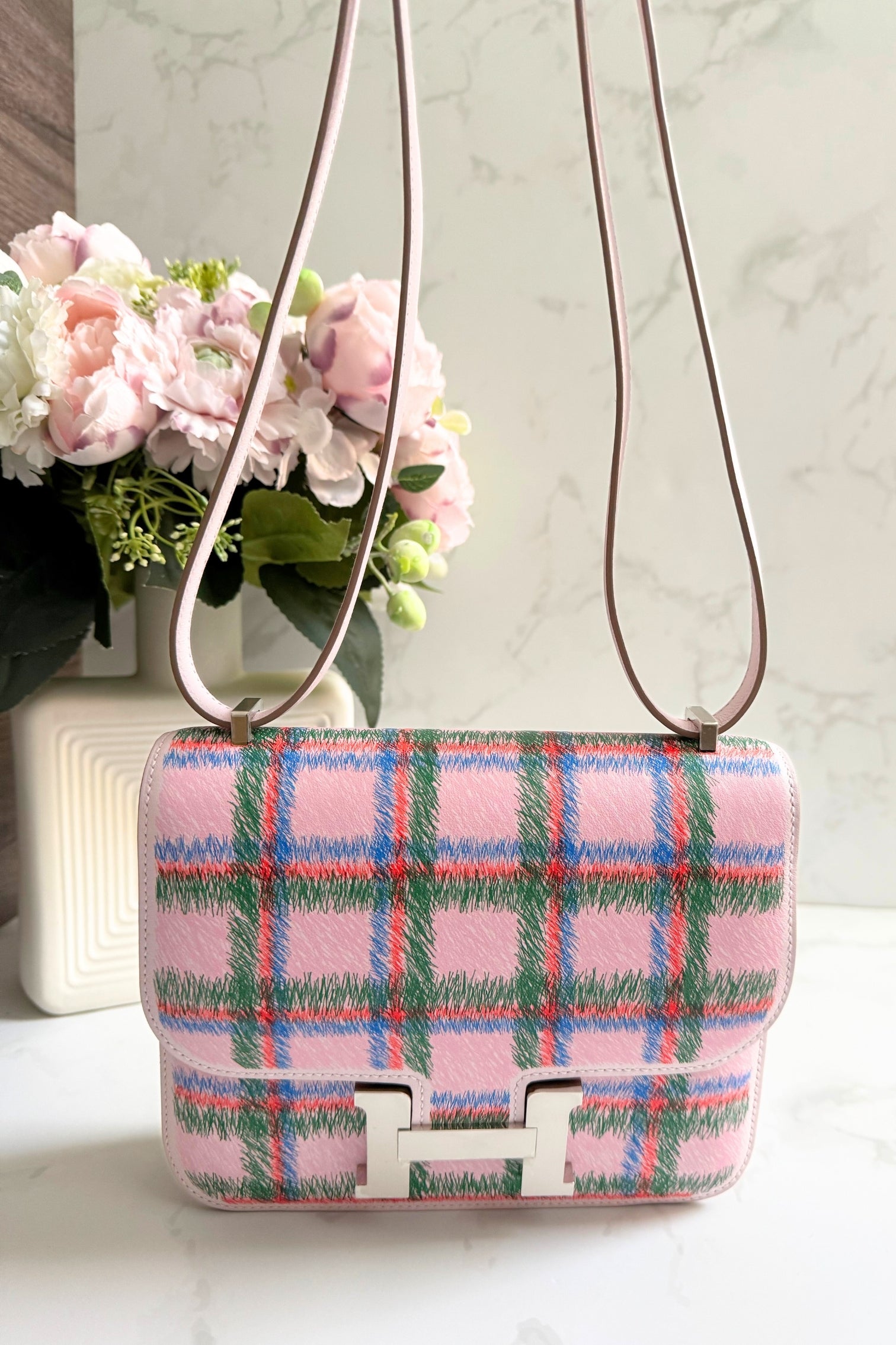 BNIB Hermès Constance 18 Mirror Tartan Pink Leather Shoulder Bag Palladium Hardware