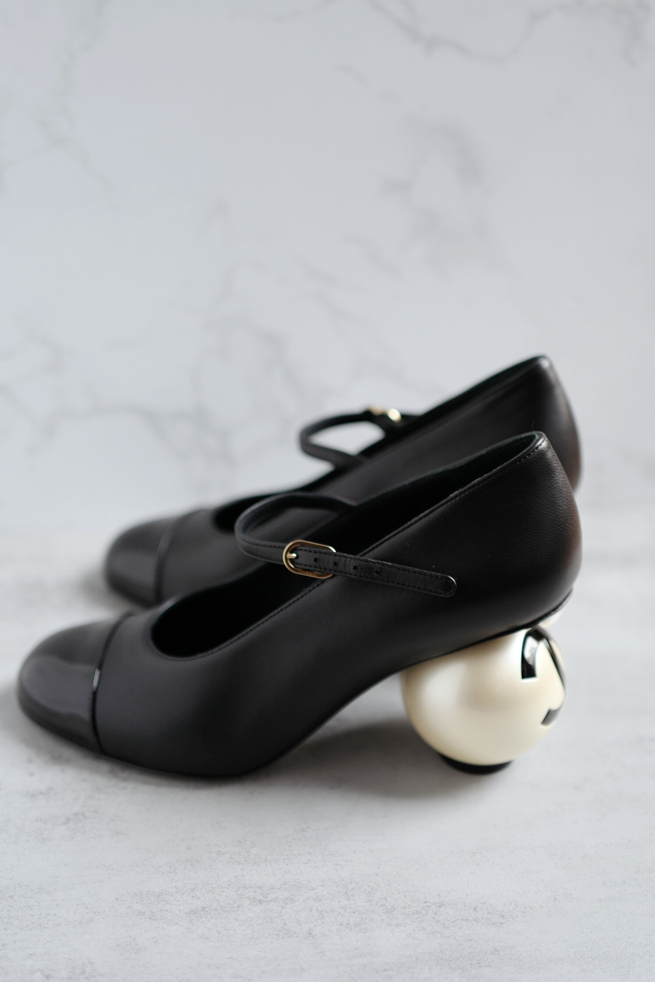 Chanel Mary Jane Black Leather Cap Toe Heels Size 37.5