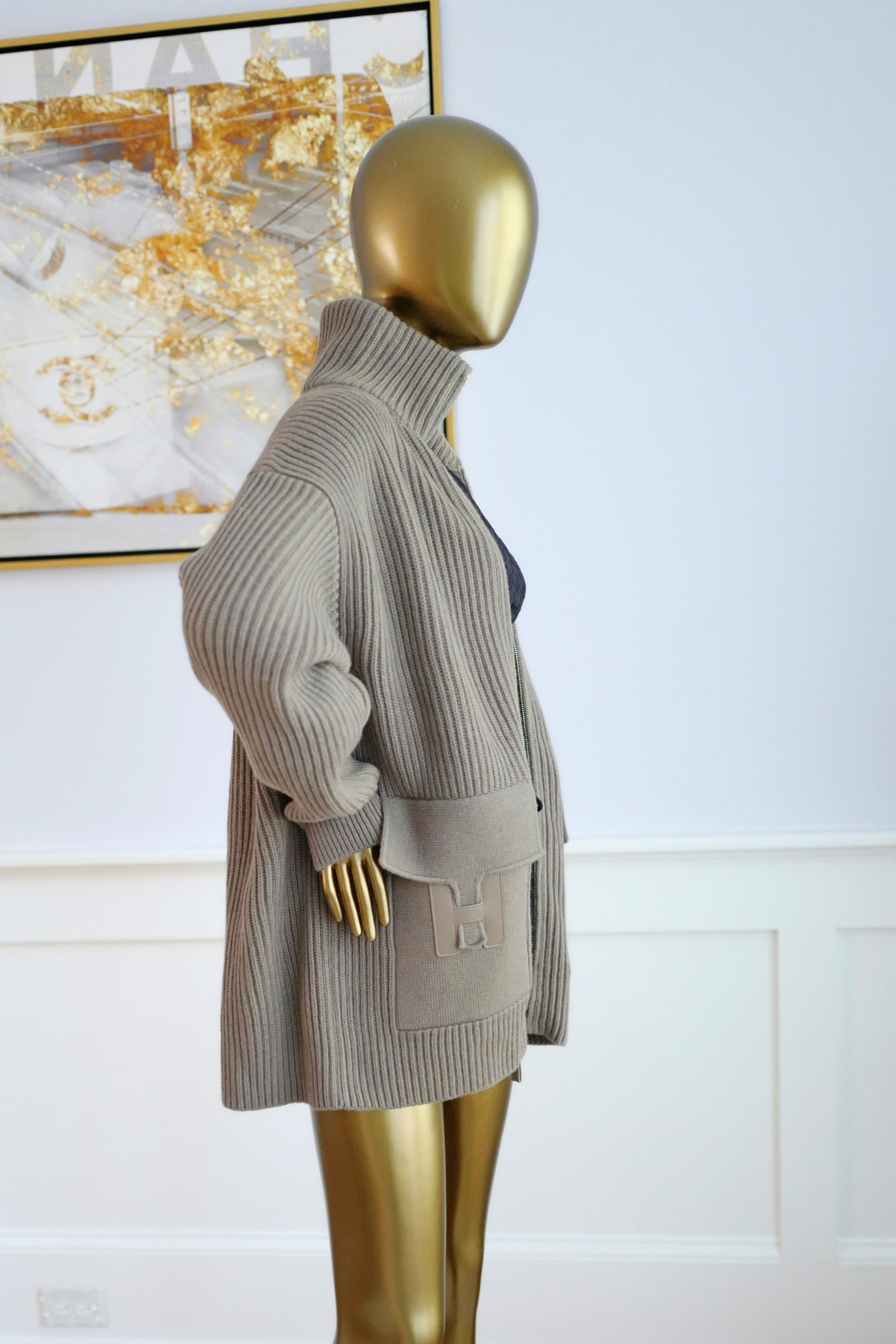 NEW Hermès Blouson Cardigan H Pockets Etoupe Size 34 Wool Jacket
