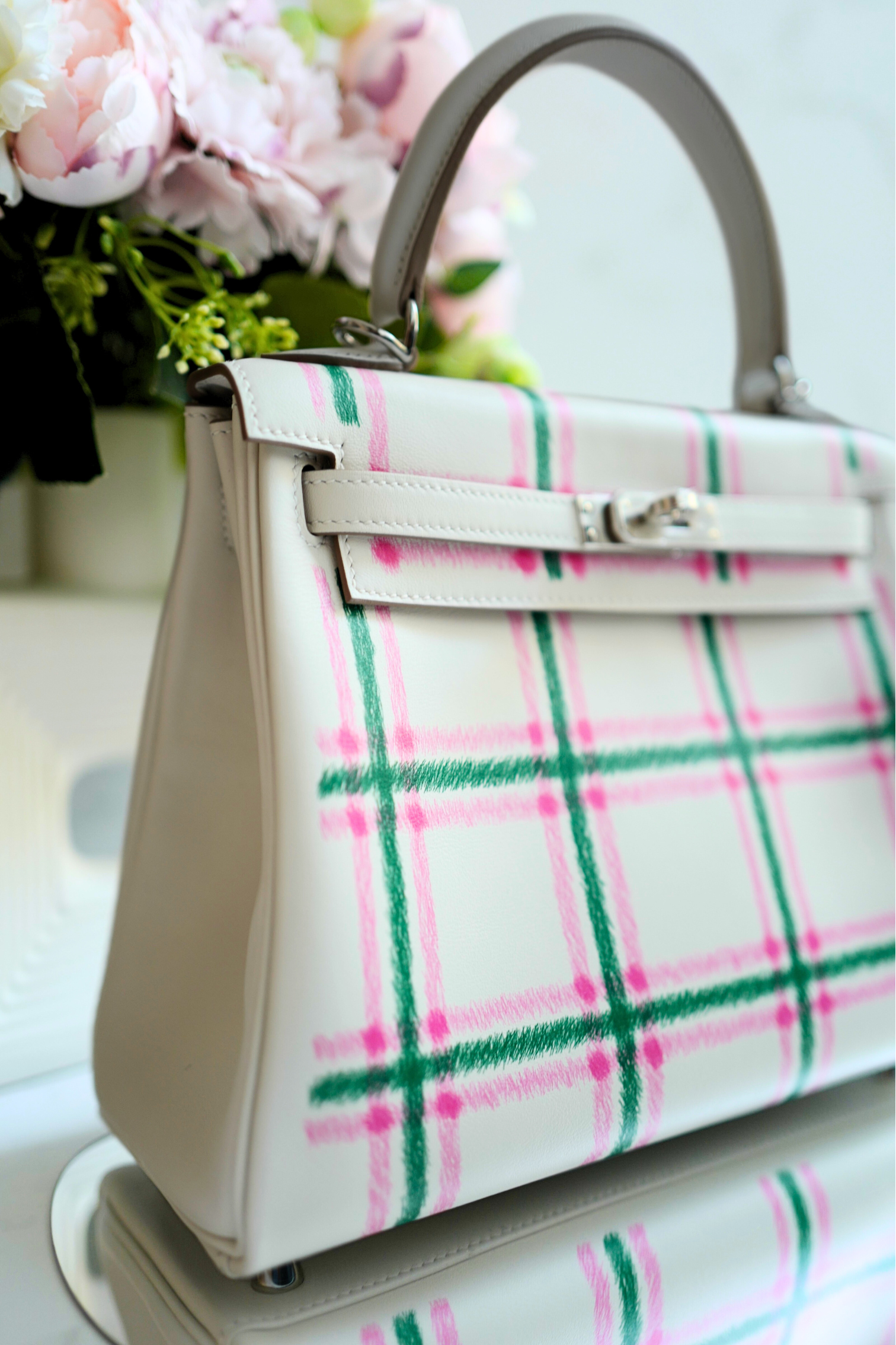 BNIB Hermès Kelly 25 Sellier Tartan Pattern White Leather Handbag With Palladium Hardware