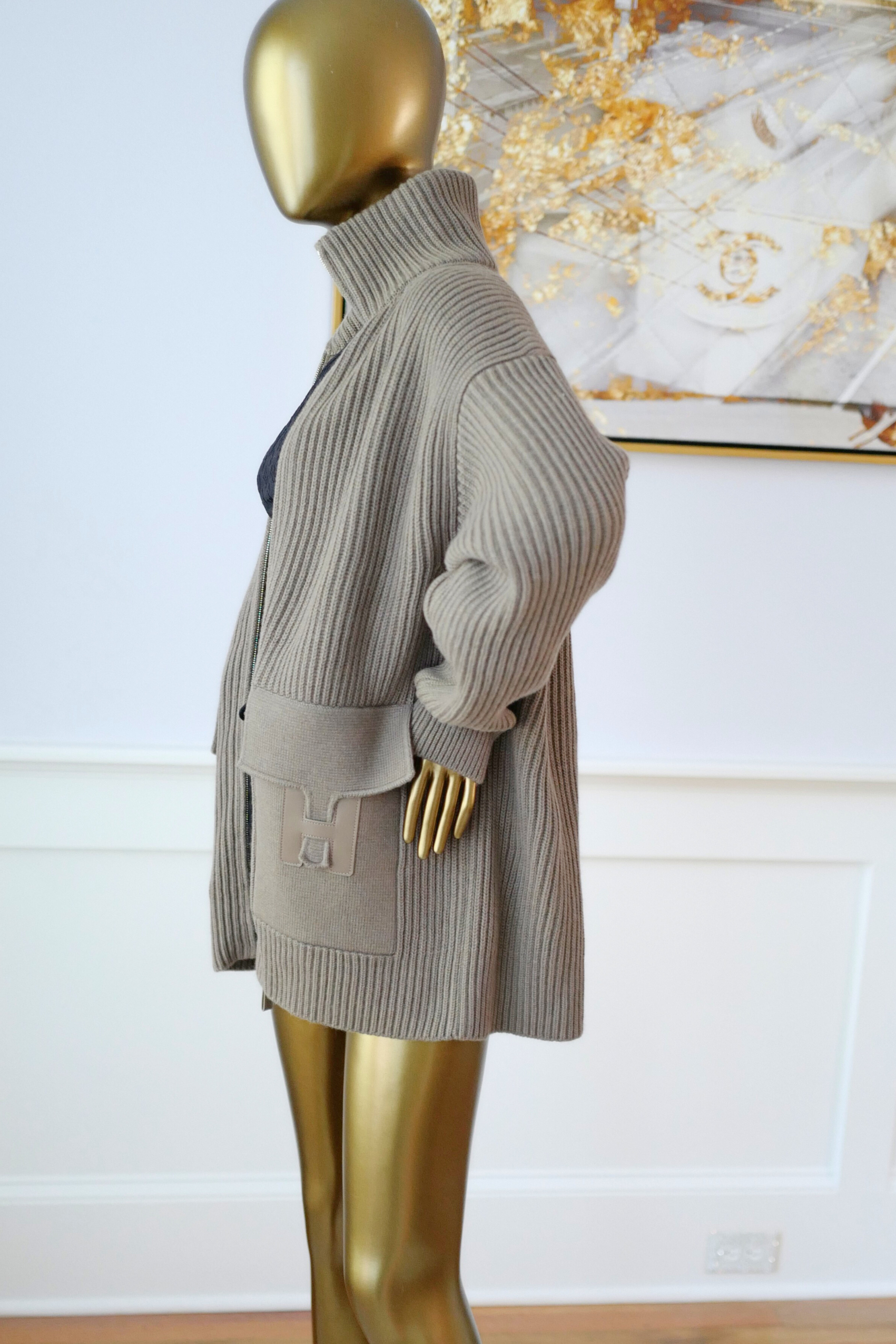 NEW Hermès Blouson Cardigan H Pockets Etoupe Size 34 Wool Jacket