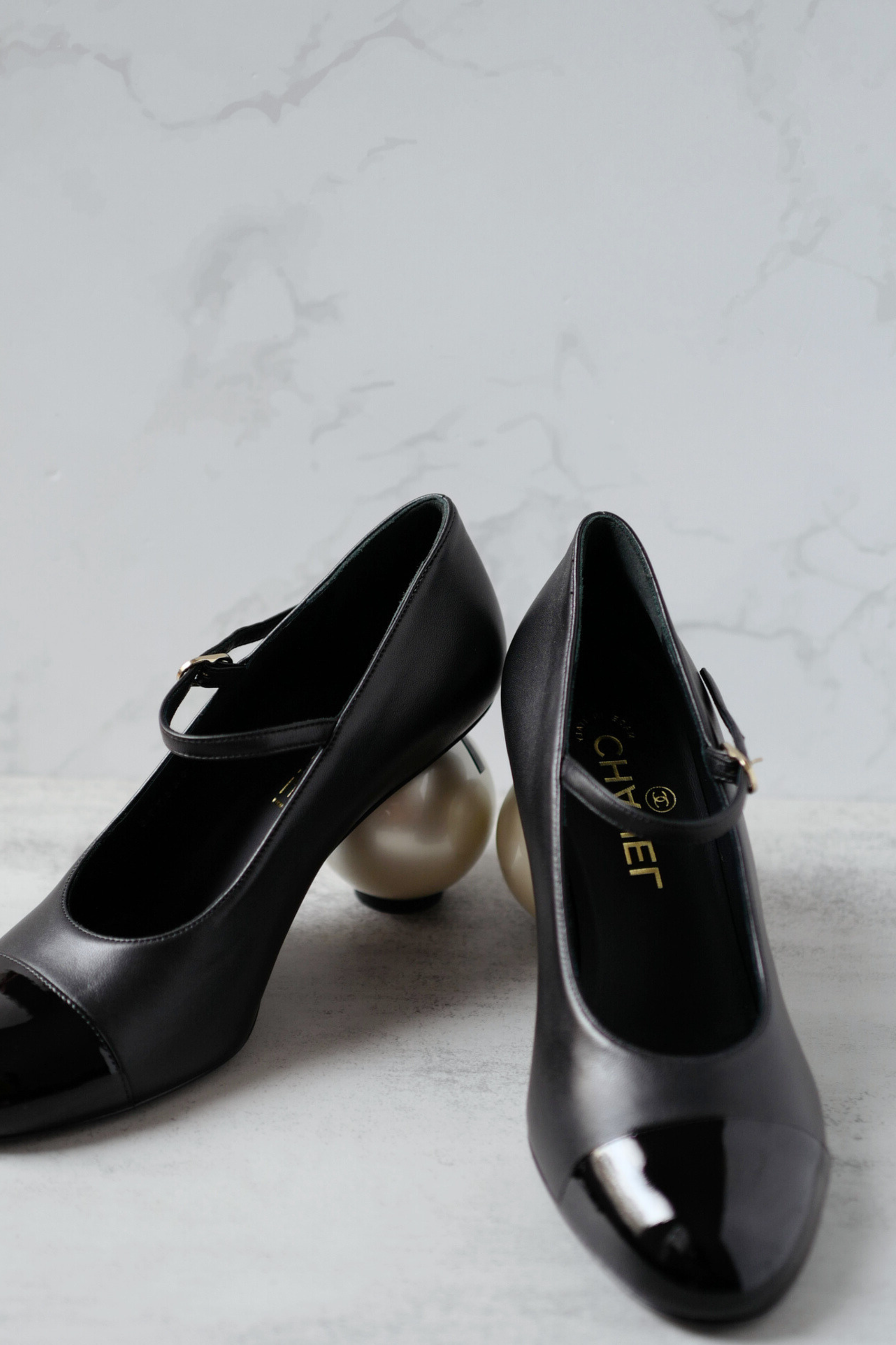 Chanel Mary Jane Black Leather Cap Toe Heels Size 37.5