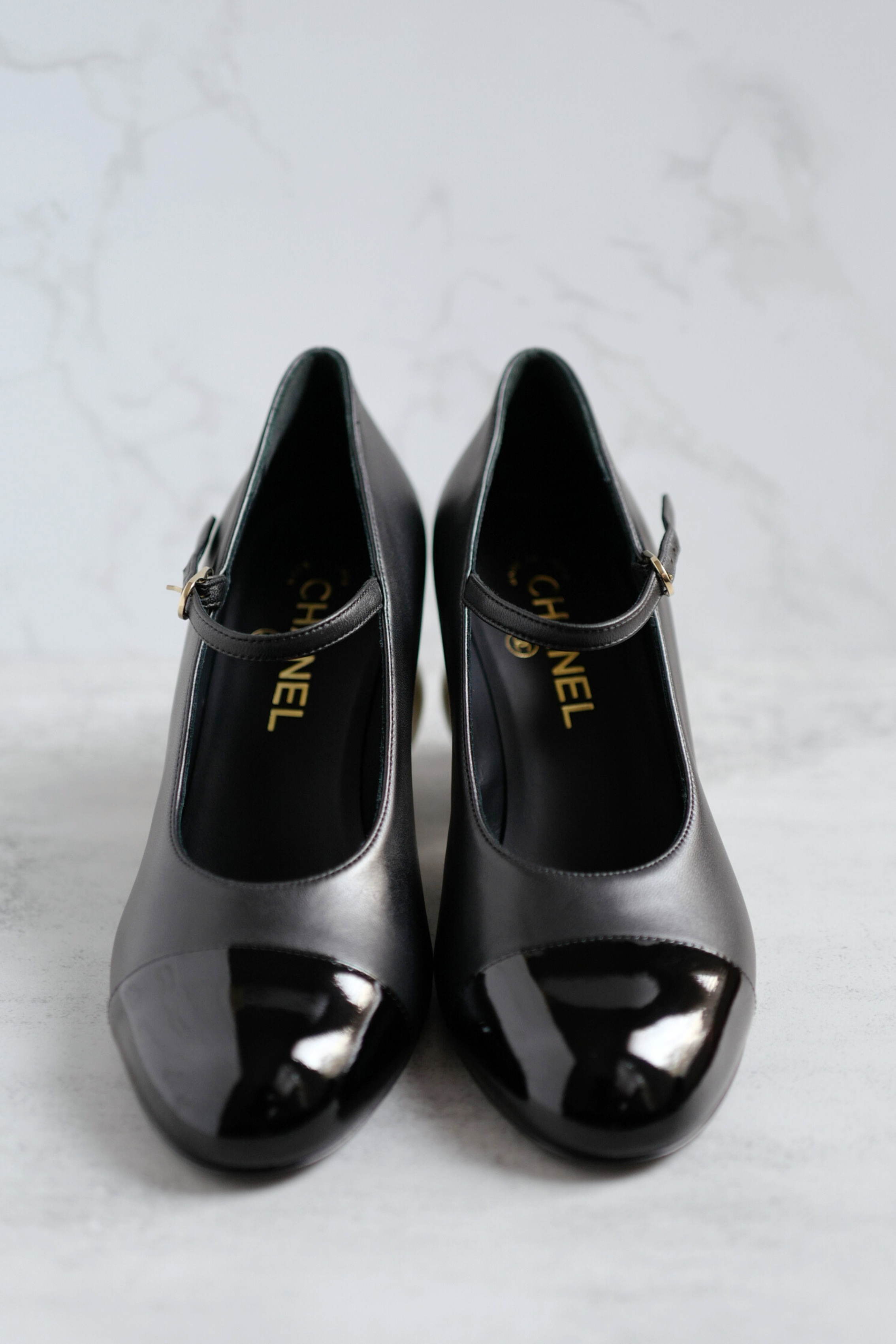 Chanel Mary Jane Black Leather Cap Toe Heels Size 37.5