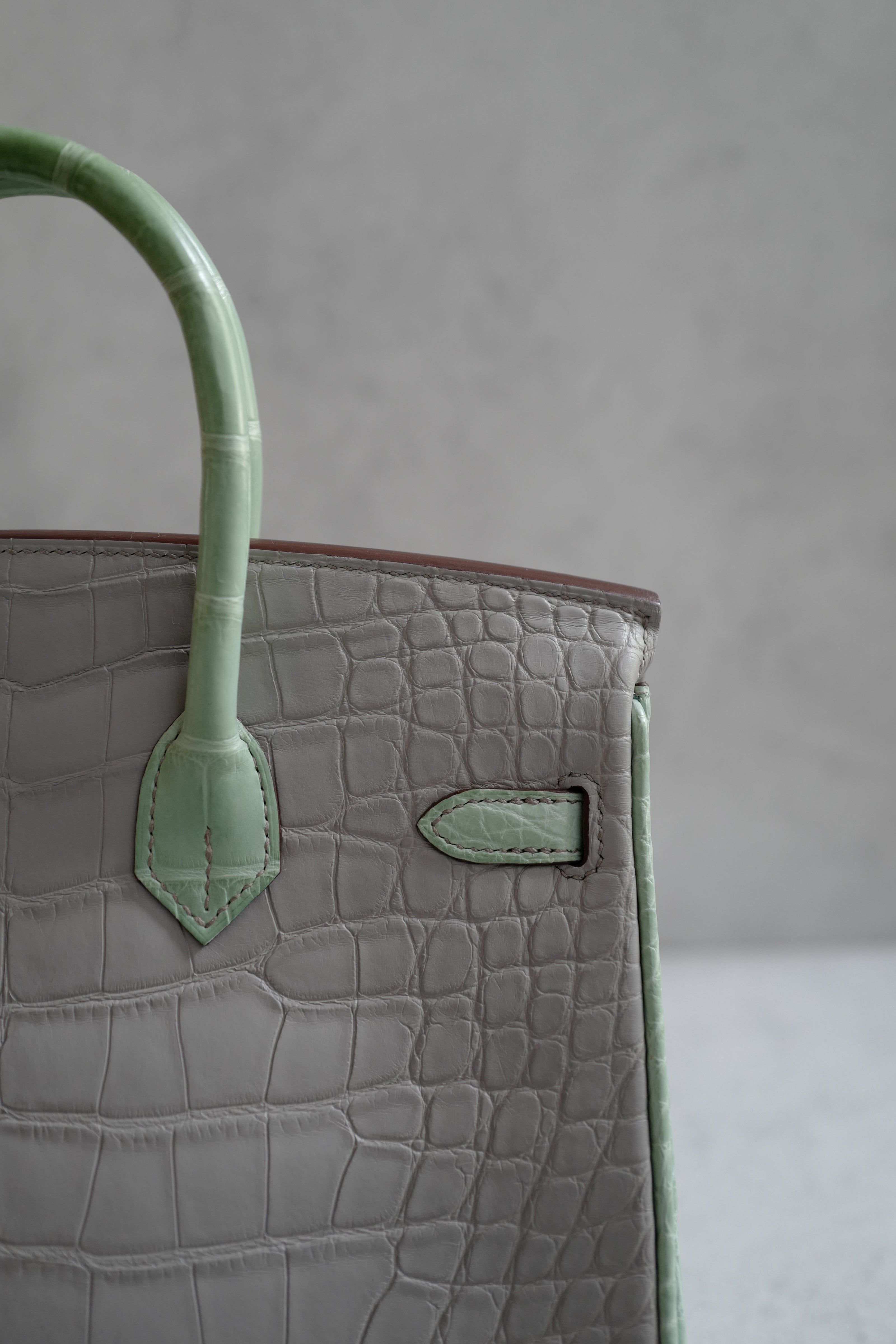 BNIB Hermes Birkin 25 HSS Gris Perle/Vert D’eau Matte Crocodile Brushed Palladium HW