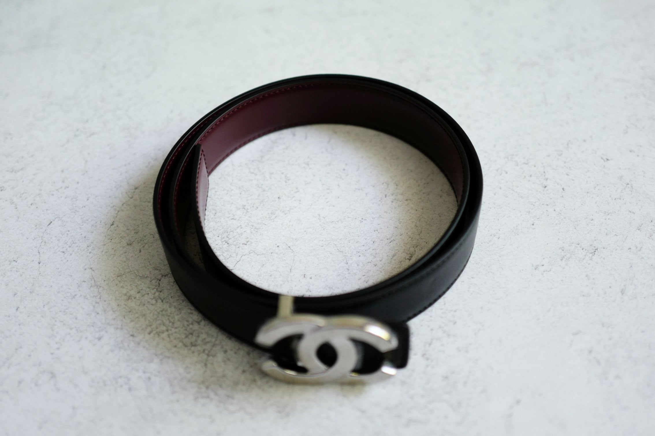 Chanel CC Reversible Belt Black Burgundy Silver Calfskin Metal Size 85