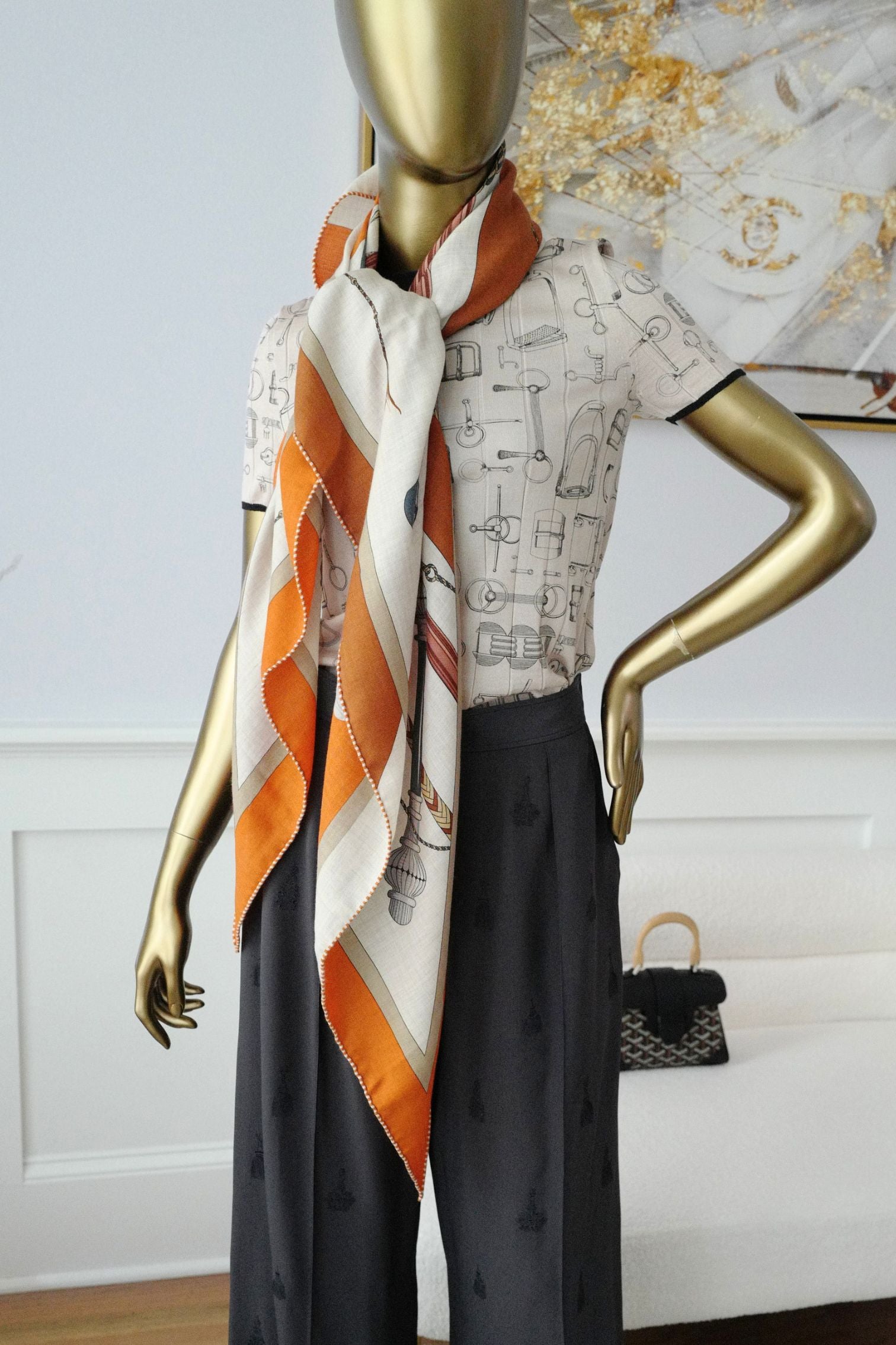 Hermès Clic-Clac Triangle Scarf Orange Cuit /Naturel/Caramel Cashmere Silk